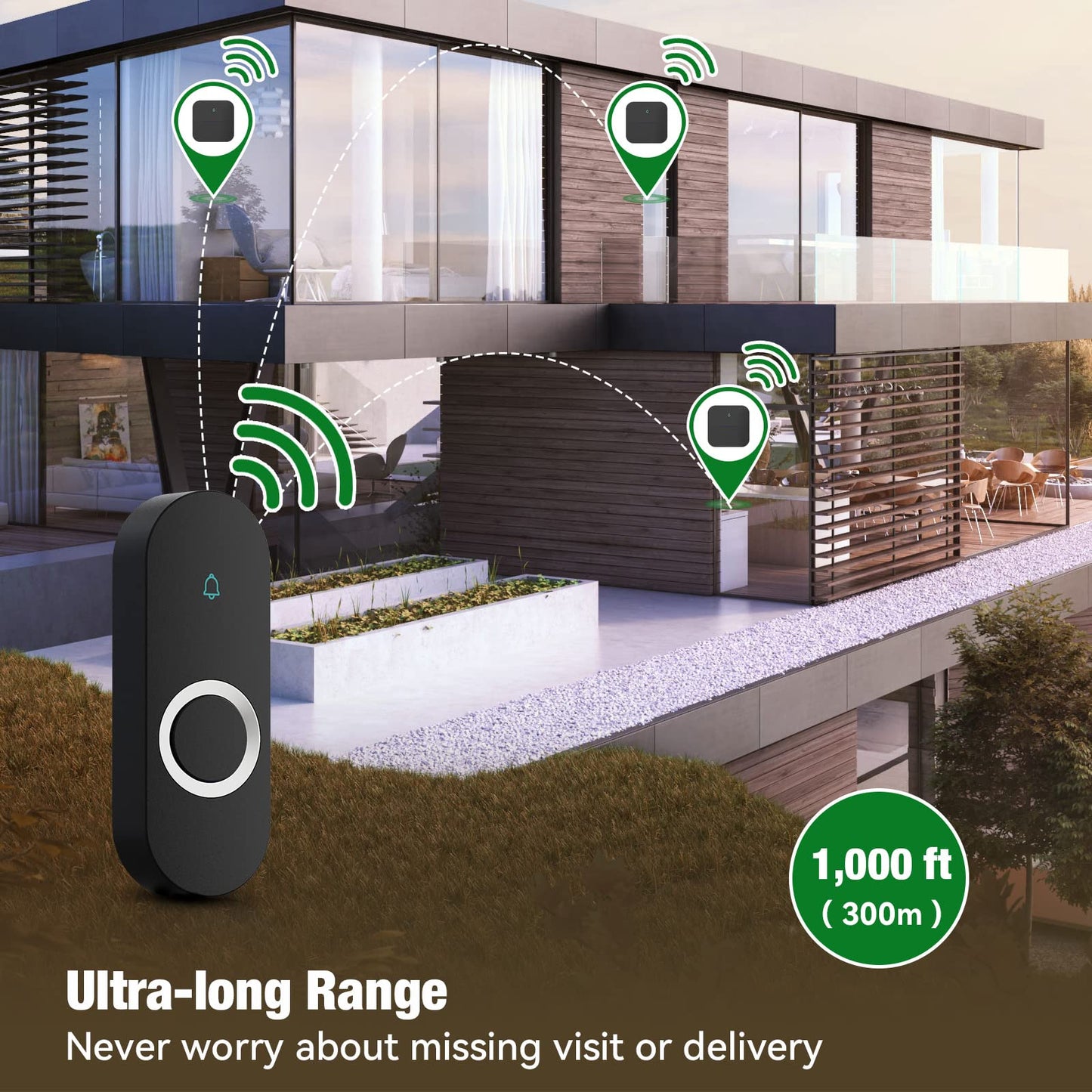 AIDA Lighted Wireless Doorbell for Home, Waterproof Battery Doorbell Wireless 1,000ft Range, 5 Volume Levels with 58 Doorbell Chimes & LED Flash (White, Doorbell with 2 Buttons & 1 Receiver)