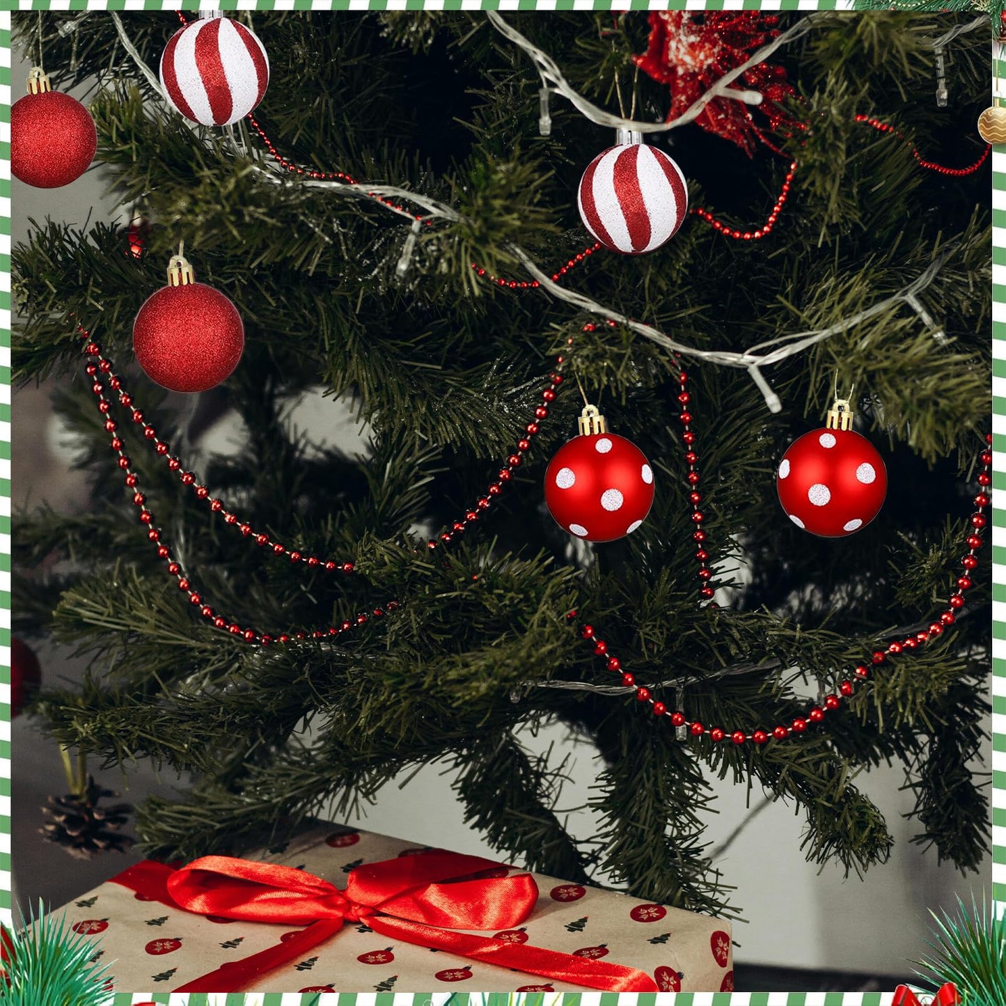24Pcs Christmas Balls Ornaments Red White Polka Dots Stripes Decor 2.36Inch