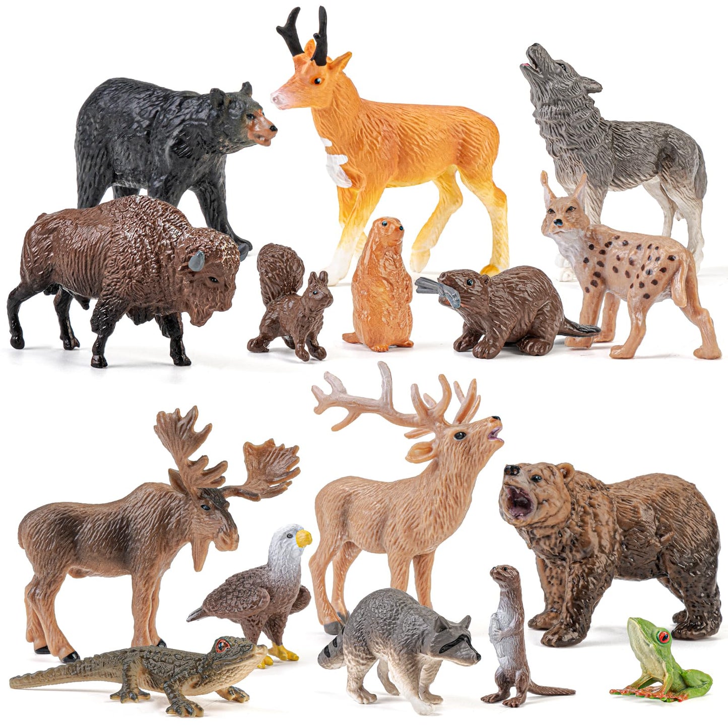 THINKBAY 16PCS Mini North American Forest Woodland Animals Figurines Toys, Realistic Jungle Wild Animal Figures with Wolf,Bear,Bison,Reindeer,Birthday Party Favors Valentine's Day Gifts for Kids