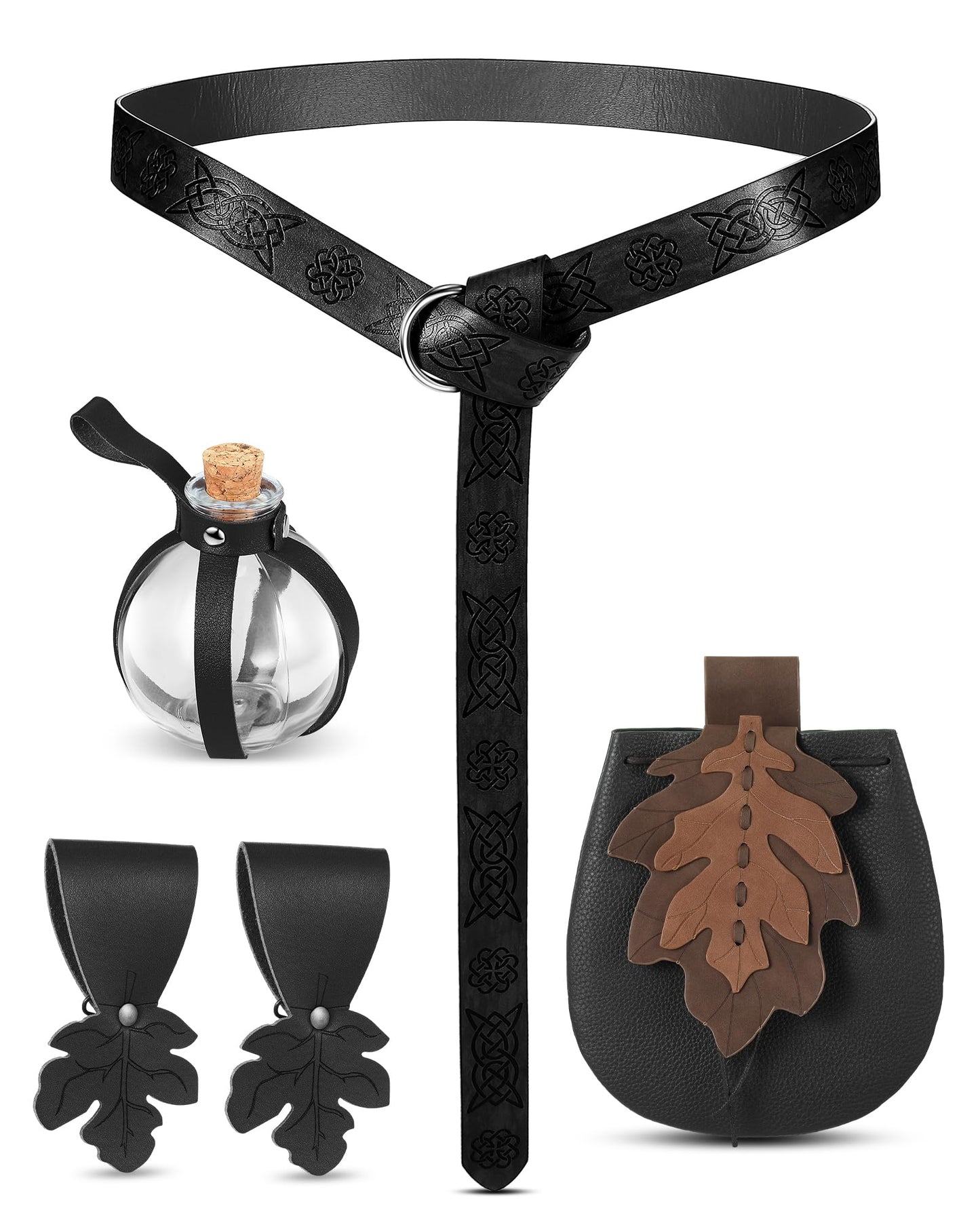 Twistover 6 Pcs Women Renaissance Accessories Leaf Belt Bag Medieval Viking Belt Potion Bottles Leather Skirt Hikes(Black, Black,Classic)