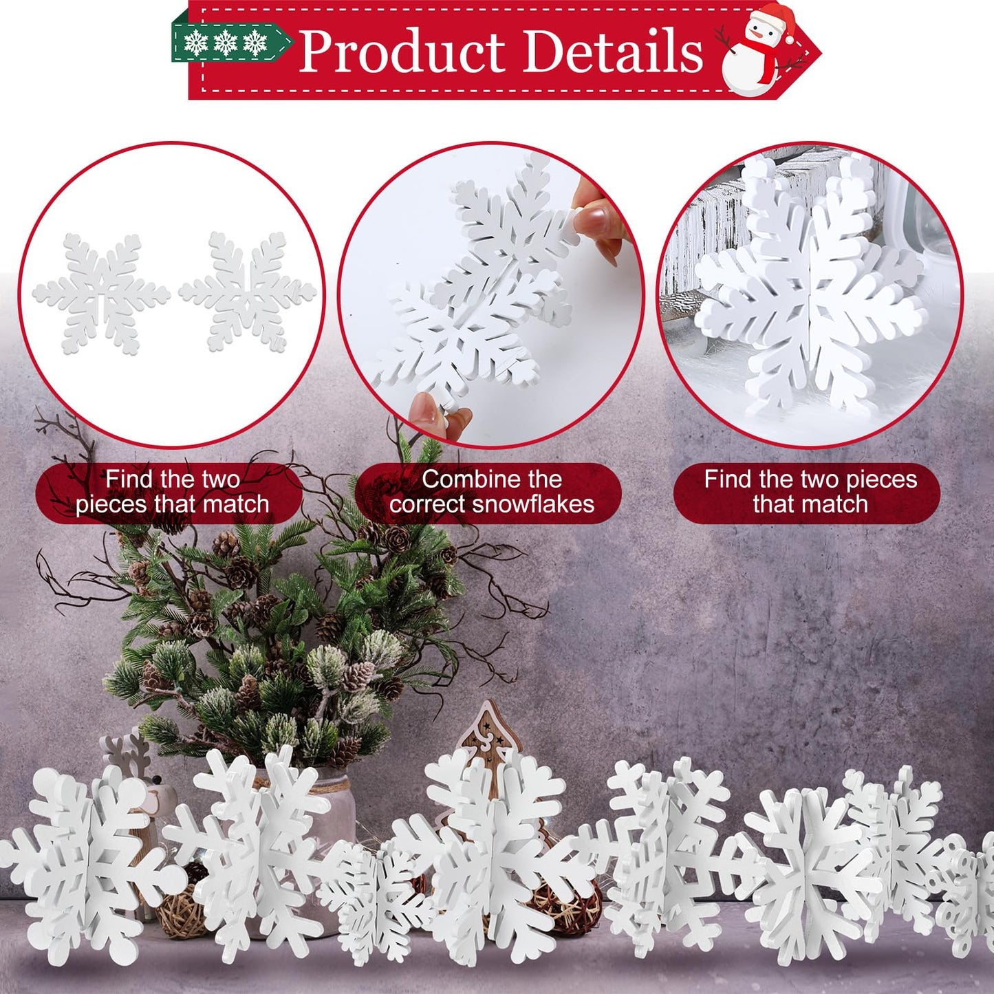 Wenqik 16 Pcs Winter Wooden Snowflake Decor Christmas Winter Snowflake Tabletop Decorations 3D Snow Table Signs Standing Centerpiece Xmas Tiered Tray Decorations for Party(White)