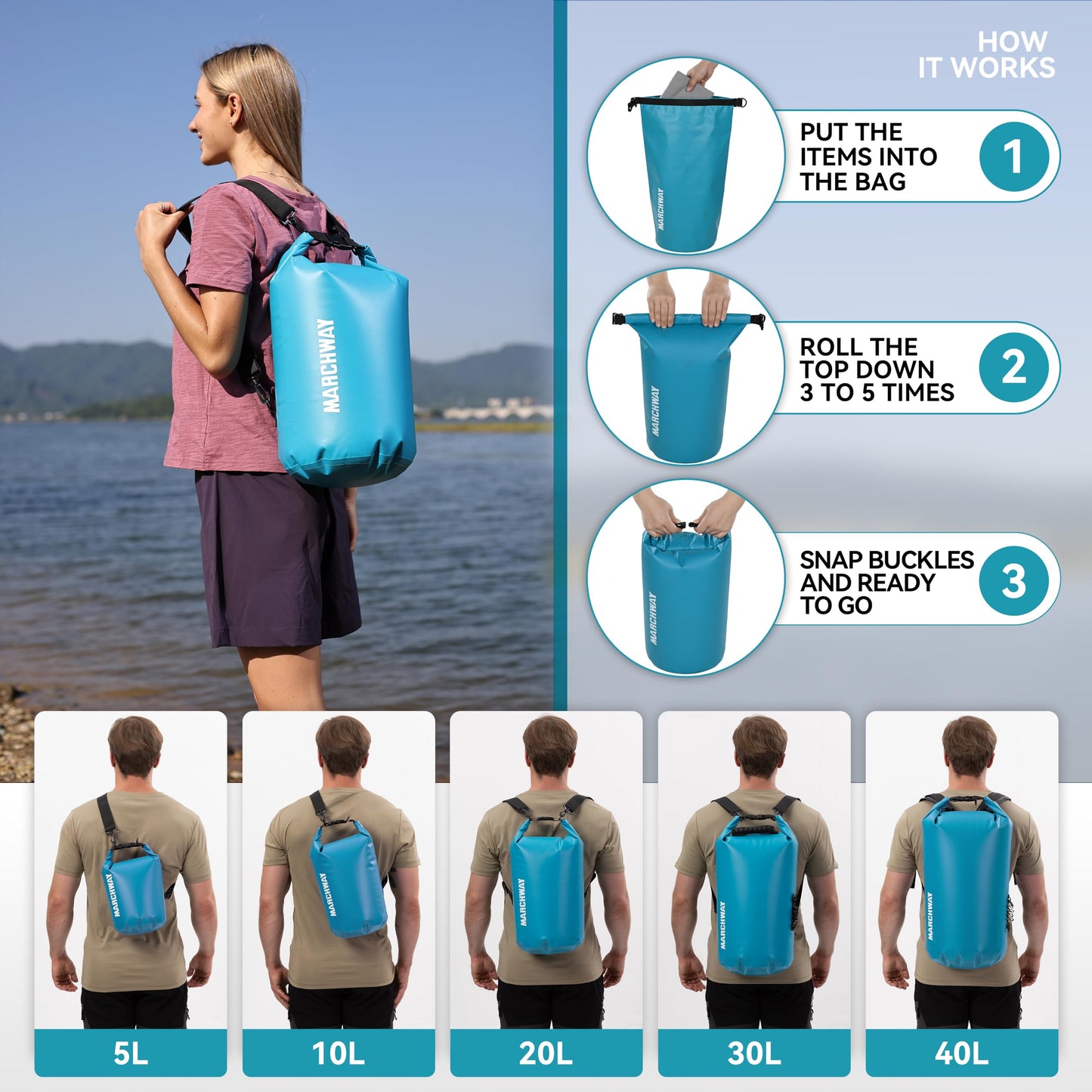 MARCHWAY Floating Waterproof Dry Bag Backpack 5L/10L/20L/30L/40L, Roll Top Sack Keeps Gear Dry for Kayaking, Rafting, Boating, Swimming, Camping, Hiking, Beach, Fishing (Teal, 10L)