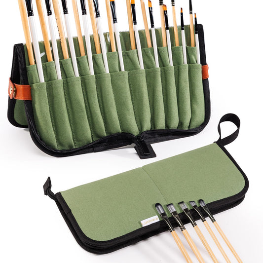 Stand Up Canvas Paint Brush Holder Case for Artists, 22 Slots Brush Organizer with Pop-Up Stand, Zippered Travel Paint Brush Storage Bag for Acrylic Oil Watercolor Brushes, Portable Paintbrush Case