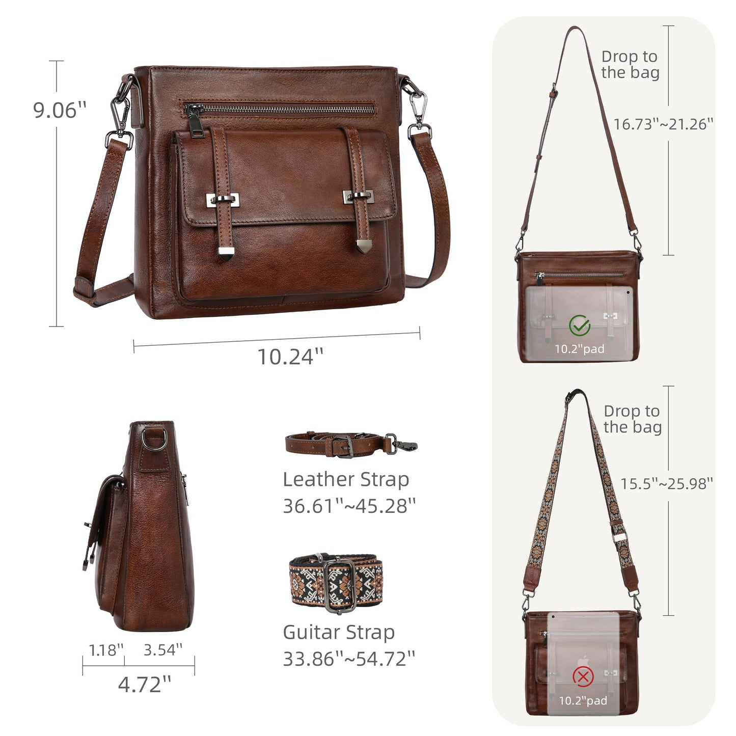Iswee Soft Leather Crossbody Bags for Women Shoulder Handbags Multi Pocket Travel Purse with Adjustable Strap Medium Size (Coffee)