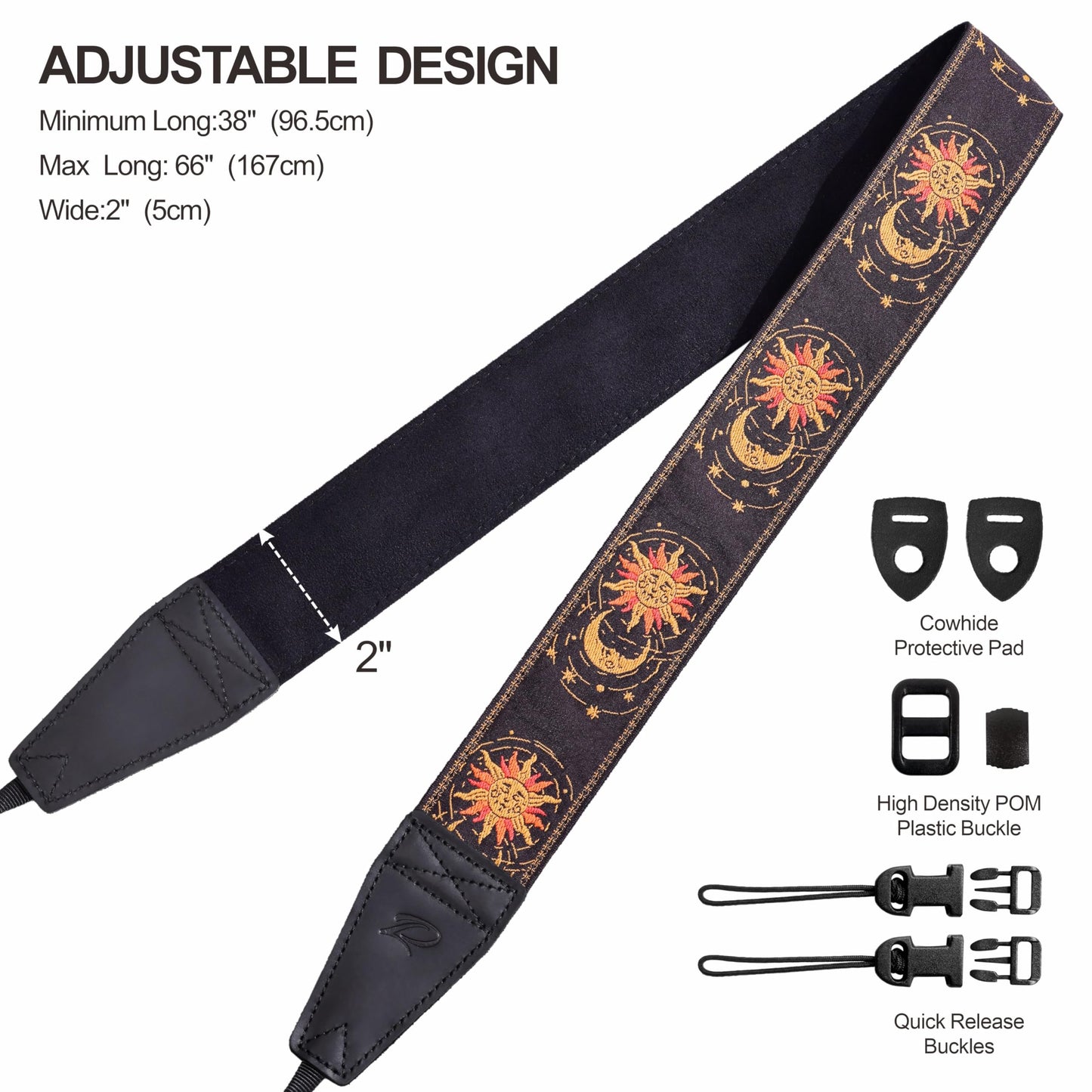 Padwa Lifestyle Helios Moon God Camera Strap -2" Full Grain Leather Ends Camera Straps for Photographers, Vintage Embroidered Cotton Weave Soft Suede Fabric Padded Strap Quick Release fits All Cameras