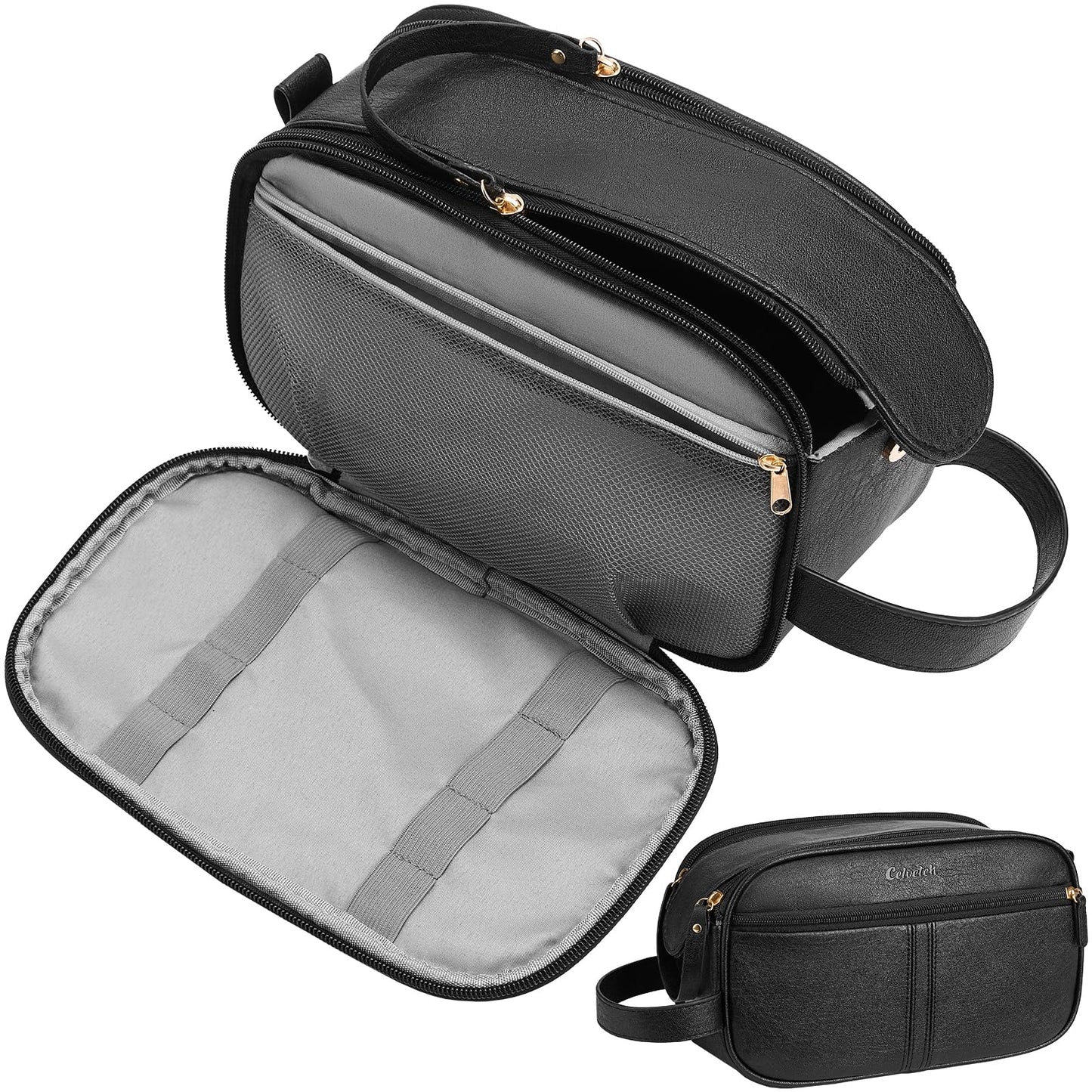 Celvetch PU Leather Toiletry Bag for Men, Water Resistant Travel Toiletry Organizer for grooming, Shaving Bag for Toiletries Accessories, Bathroom Essentials - Black