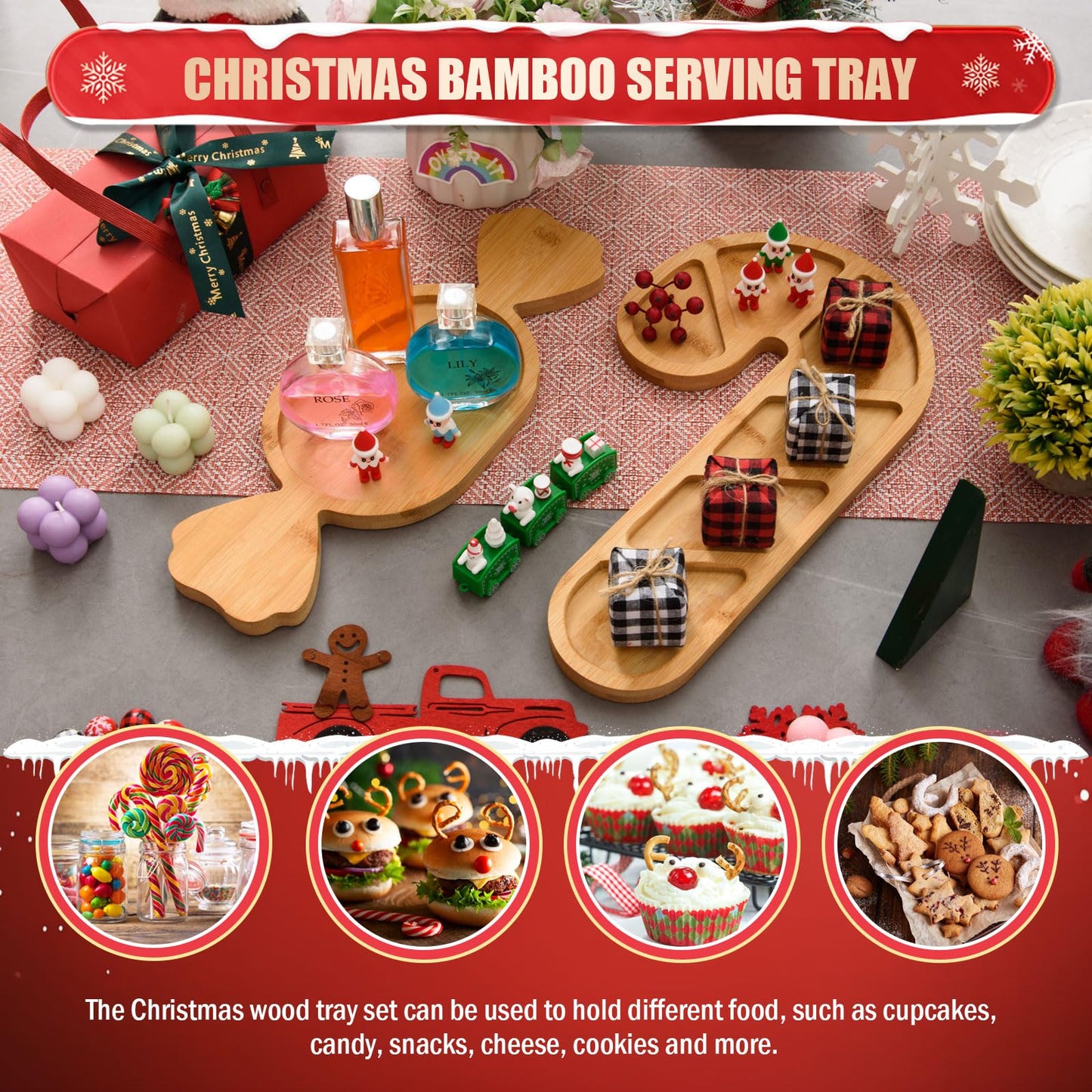AWIZOM 2 Pcs Christmas Serving Platters Peppermint Candy and Candy Cane Shaped Wood Trays Christmas Wood Charcuterie Boards Decorative Bamboo Snack Dish Plates for Xmas Holiday Housewarming Presents
