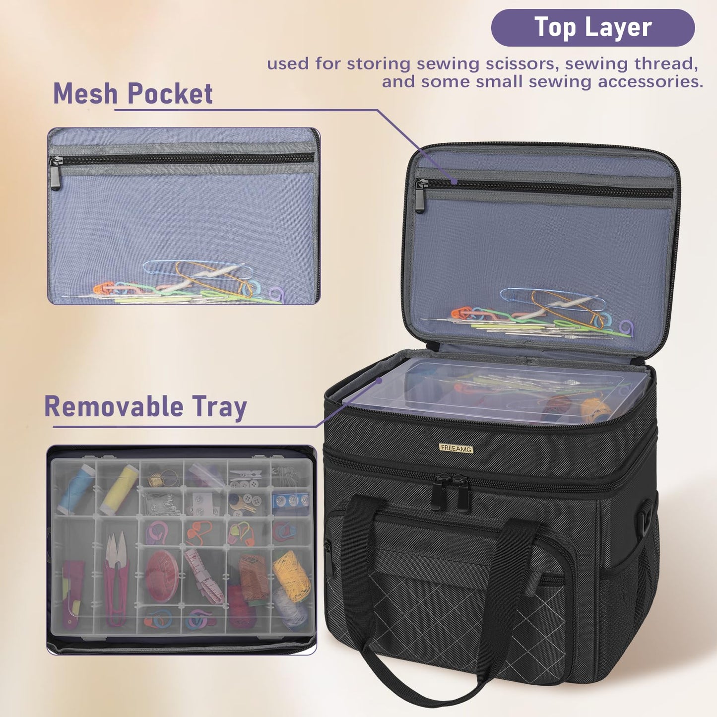 FREEAMG Double Layer Sewing Storage Bag, Large Capacity Sewing Accessories Organizer Travel Sewing Case with Shoulder Strap & Clear Organizer Box (No Tools Included)