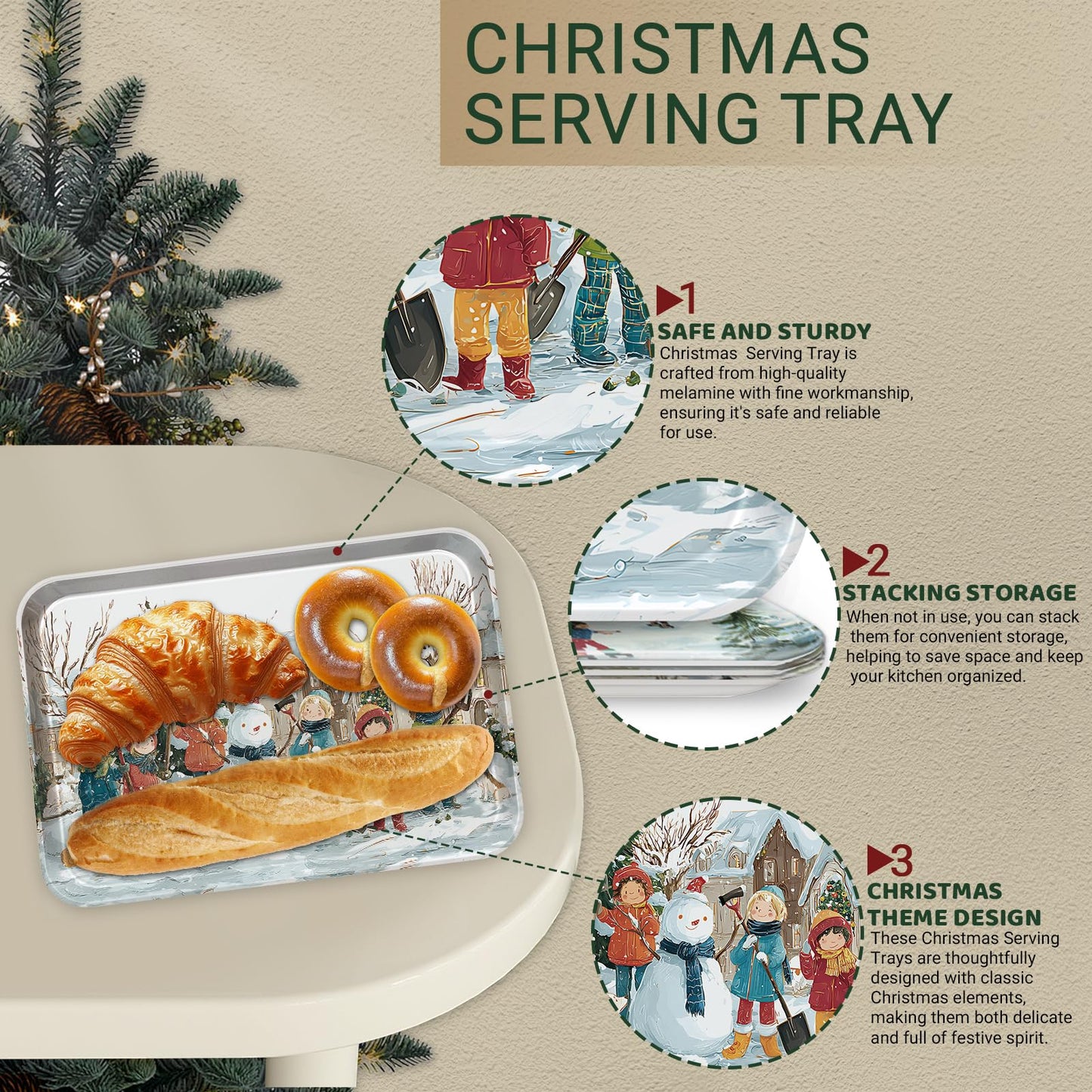 Jrusmr 4 Pack Christmas Serving Trays, 15 x 11 Inch Melamine Holiday Platters with Winter Village, Ice Skating, and Camping Designs, Reusable Festive Trays for Snacks, Cookies, and Entertaining