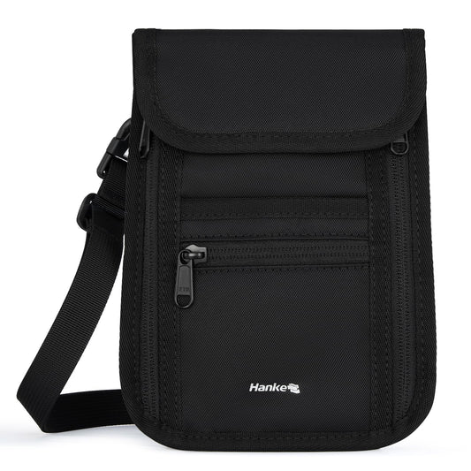 Hanke Passport Holder, Travel Wallet for Womens and Men, Neck Wallet Hidden Passport Pouch for Travel Adjustable Lightweight Thin with 6 compartments (Black)