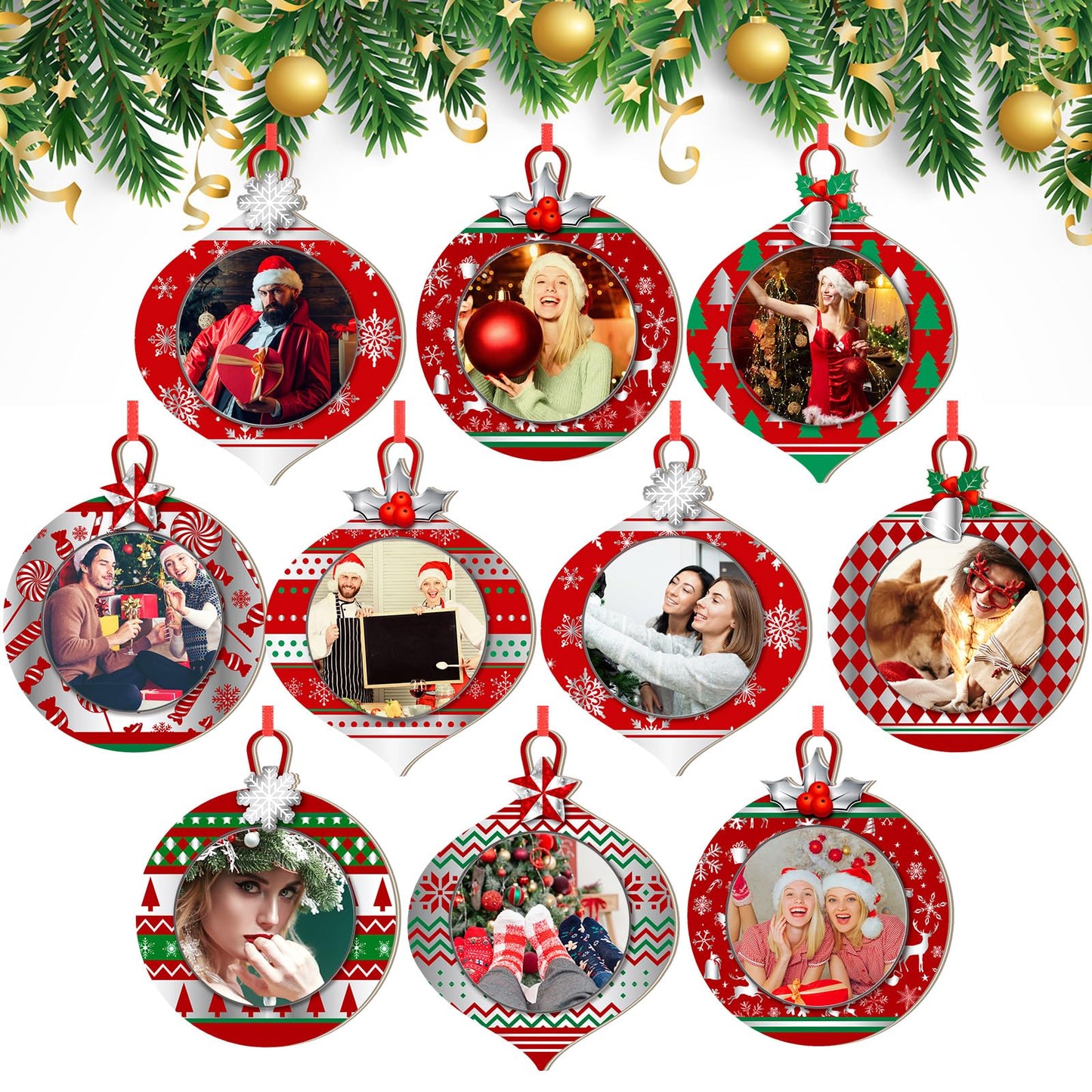 Yalikop 16 Pcs Christmas Photo Frame Ornaments Wooden Nutcrackers Santa Snowman Snowflake Picture Frame Tree Decoration DIY Photo Keepsakes for Xmas Party Decorations Winter (Light Ball)