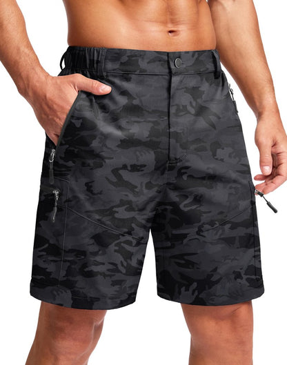 Pudolla Men's Hiking Cargo Shorts Lightweight 7" Travel Casual Shorts for Men Golf Work Outdoor with 5 Zipper Pockets(Black Camo Large)