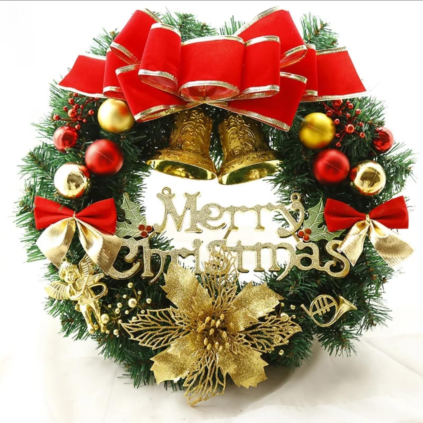 Artificial Christmas Wreath with Merry Christmas Sign – Pine Wreath with Red Bow, Ornaments & Gold Flowers for Front Door, Wall & Holiday Decorations