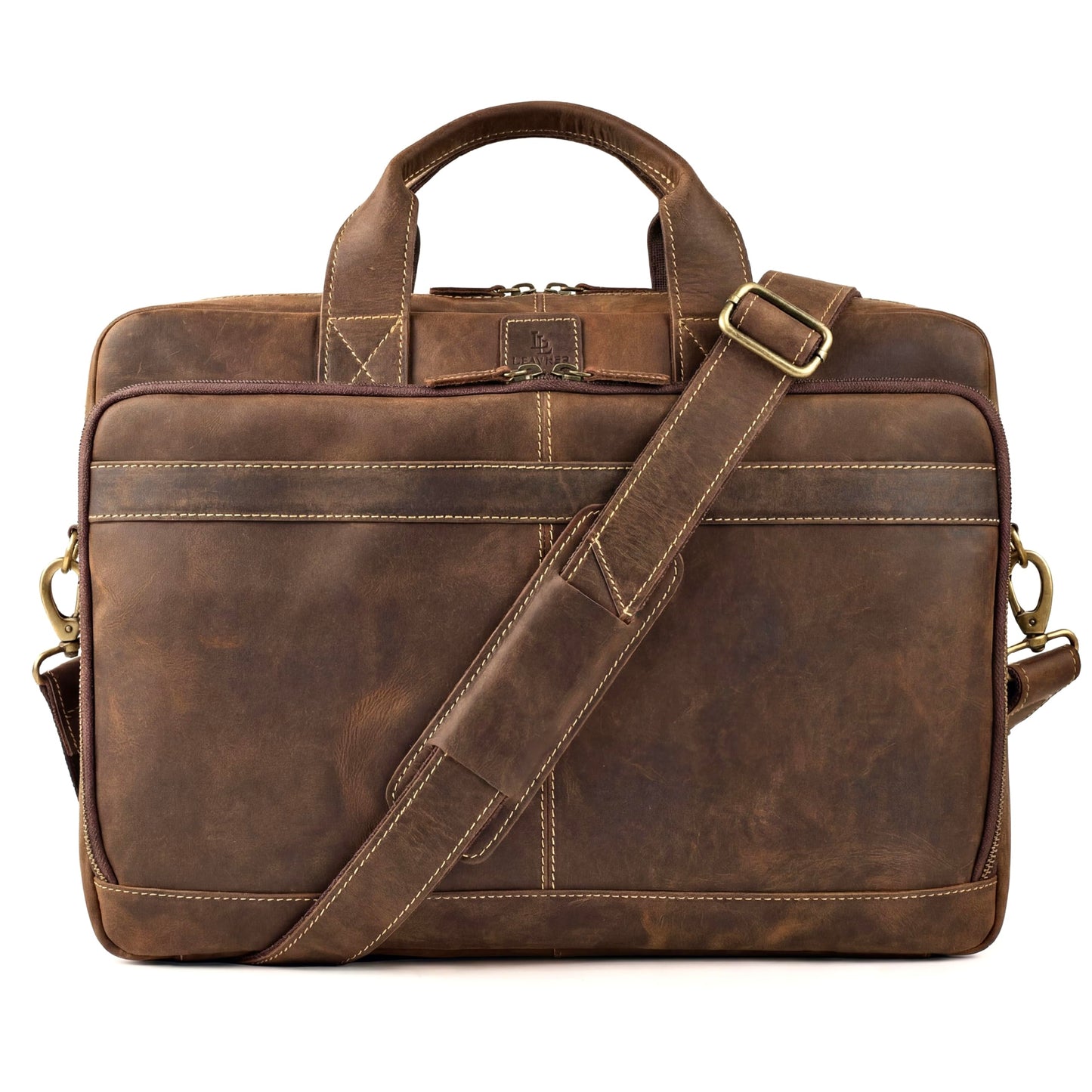Mens Full Grain Leather Briefcase Fits 16 Inch Laptop, Leather Laptop Messenger Shoulder Satchel, Vintage Professional Work Office Bag - Brown