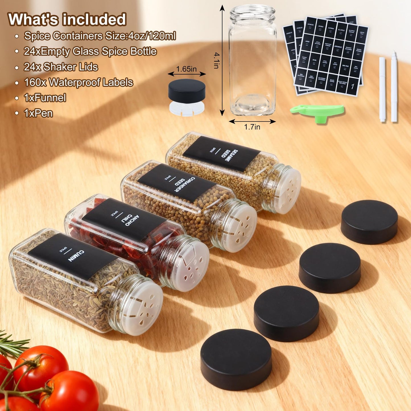 24Pcs Spice Jars Containers with Labels，4oz Black Seasoning Bottles with Shaker Lids for Rack, Cabinet, Drawer,Empty Square Condiment Pots (24, Black)