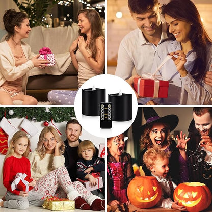 Black Flameless LED Candles, Black Battery Operated Candles with Remote Timer, 3"x3" Real Wax 2-Pack, 3D Flickering Flame Last 600+ Hours, Ideal for Halloween Christmas Gothic Home Decor