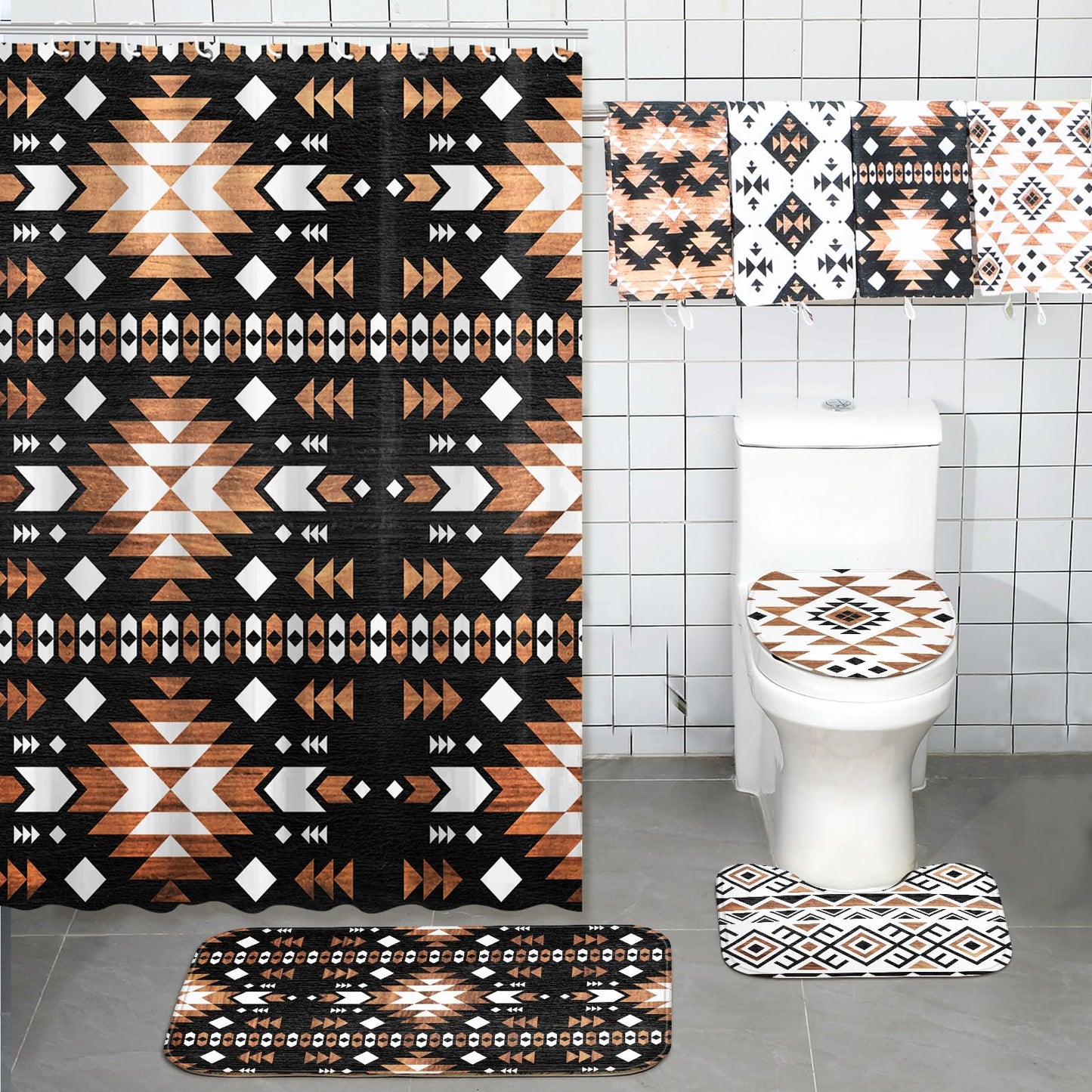 FuWeave 8 Pcs Western Aztec Shower Curtain Set, Southwestern Boho Geometric Bathroom Decor with Waterproof Curtain, Non Slip Rugs, Toilet Lid Cover, Bath Mat & 12 Hooks, Abstract Pattern for Bathroom
