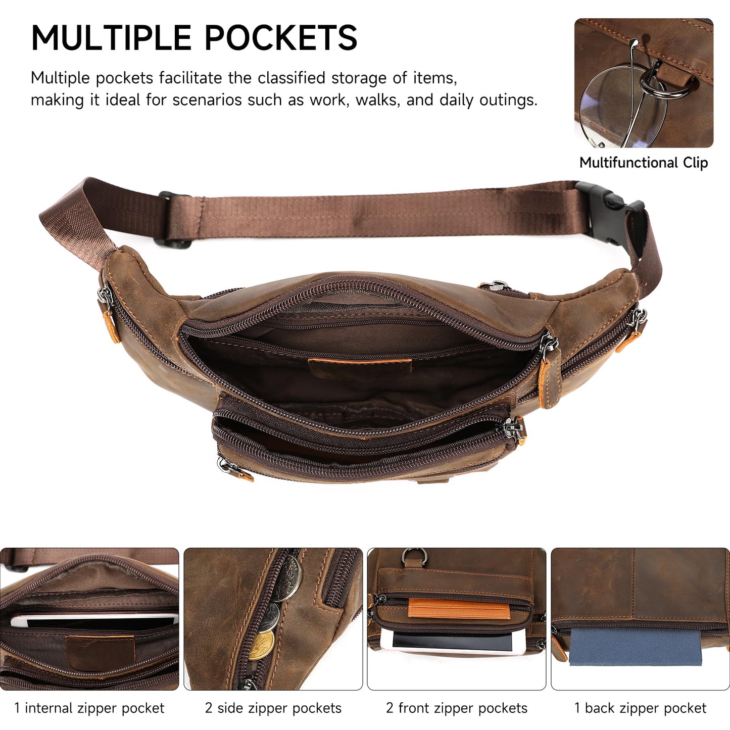 Genuine Leather Fanny Pack HandMade Durable cowhide Waist Bag Lots of Anti-theft zipper pocket Brown