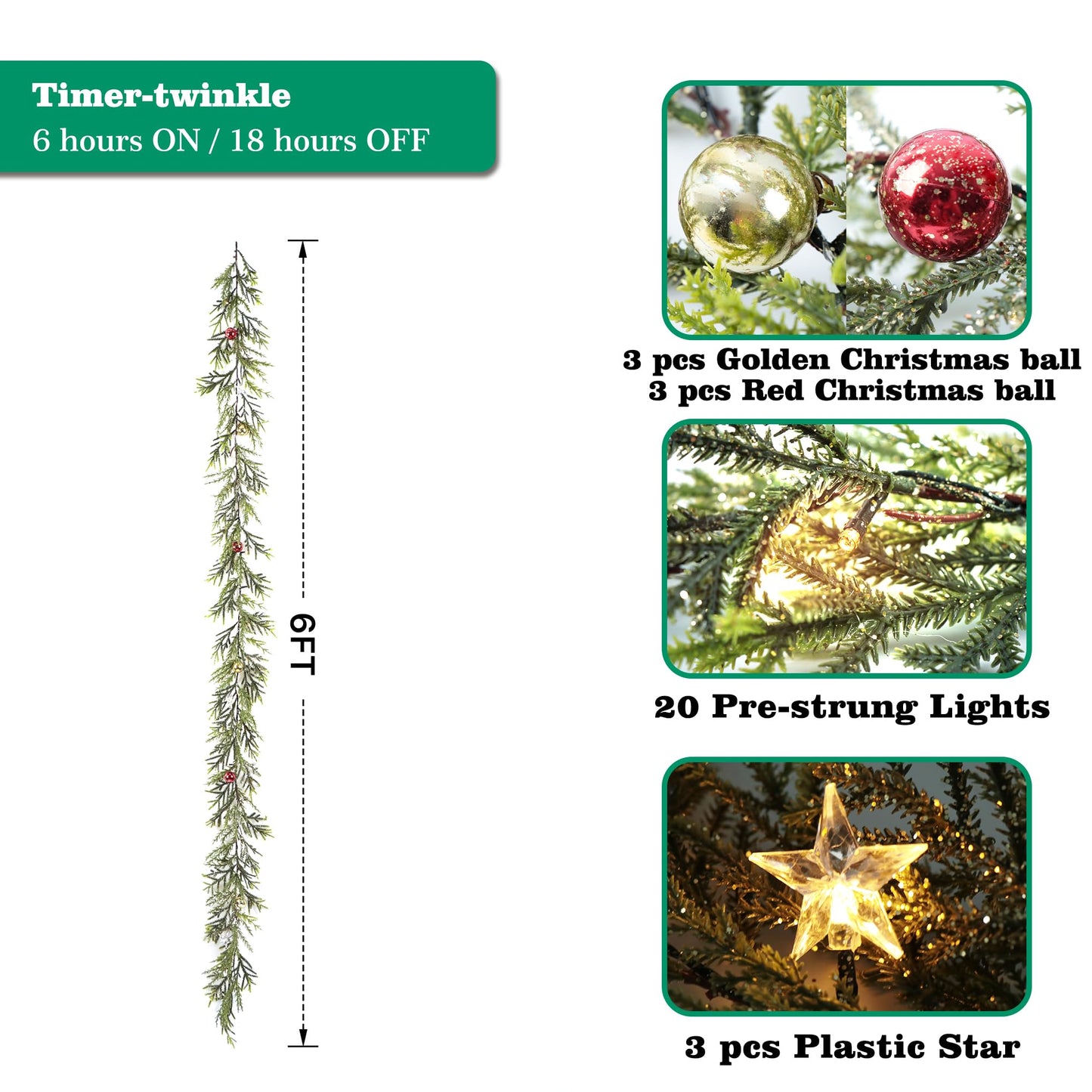 MINDELF 6 FT Artificial Christmas Garland, Faux Spruce Evergreen Garland with 20 LED Lights, Red Gold Ball Ornaments and Stars, Lighted with Timer, Perfect for Christmas Indoor Outdoor Decoration