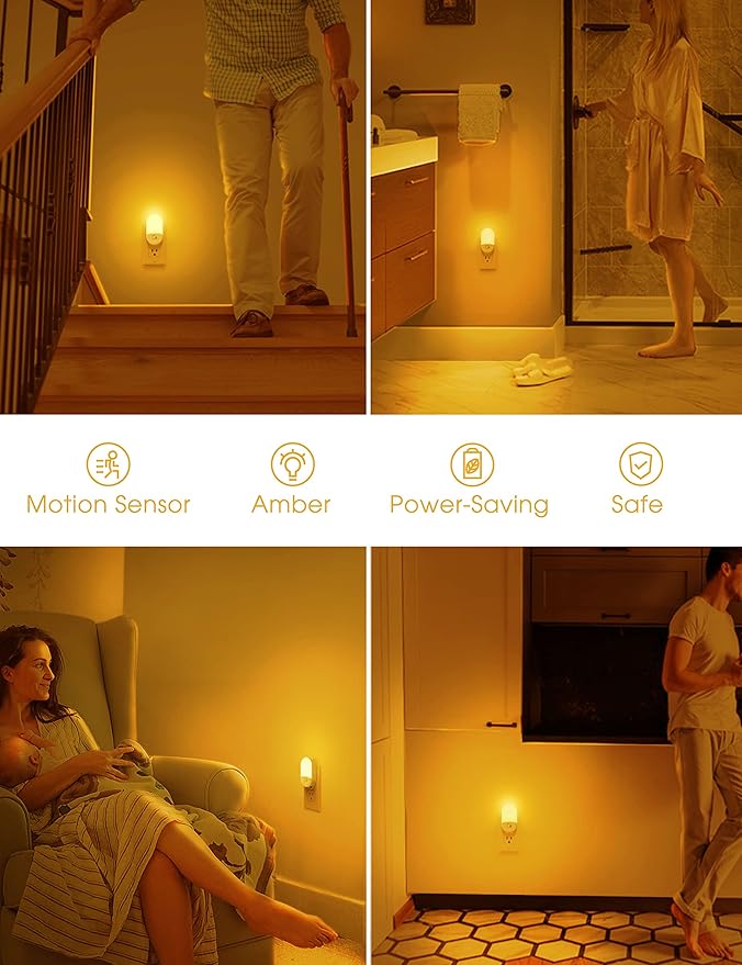 Amber Night Light, 2 Pack, LOHAS Amber Night Lights Plug into Wall Motion Sensor, 0.6W 2000K, LED Night Light, 30/60LM Adjustable Brightness, Automatic Low Blue Night Light for Kids, Bathroom, Hallway
