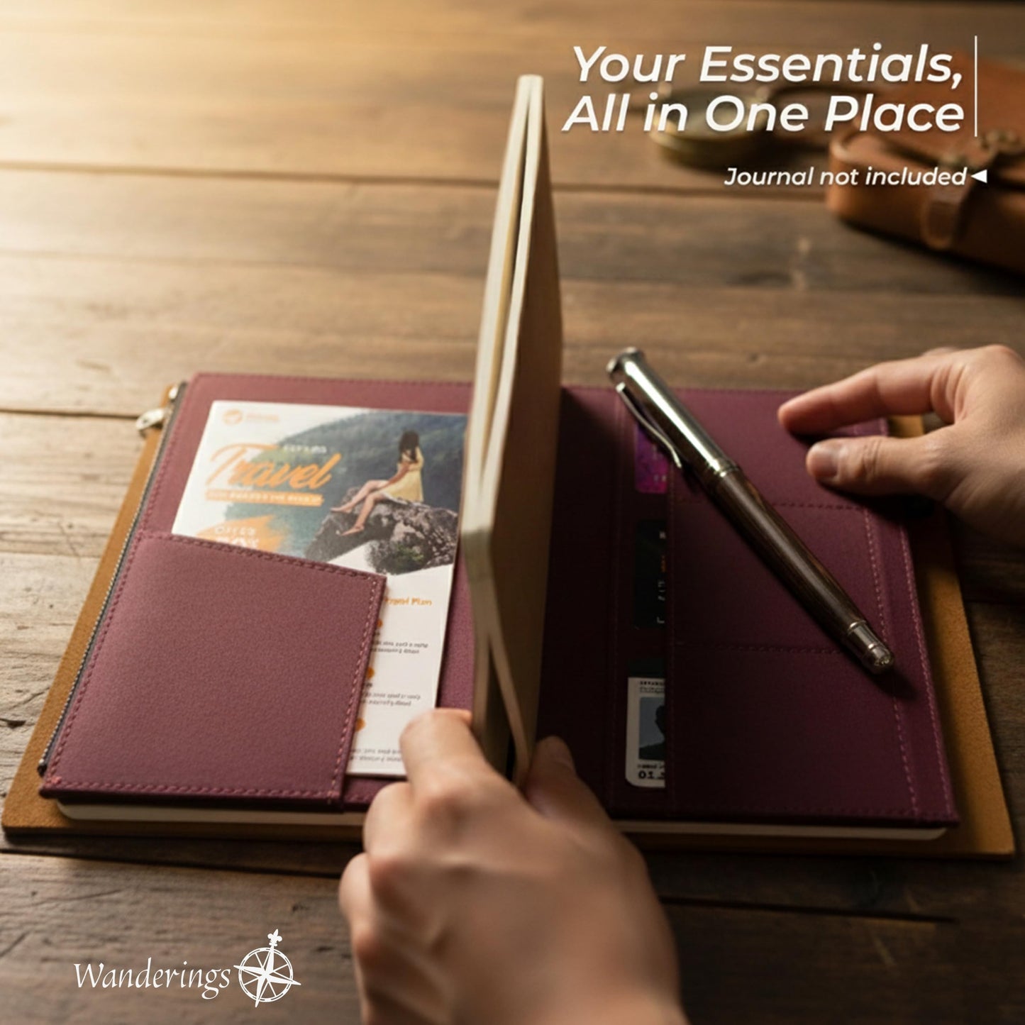 WANDERINGS Zipper Case Card Sleeve Holder Travelers Journal Accessory for Regular Size Refillable Travel Journals - 4.25" x 8.25" - 100% Cotton Fabric Planner Accessories for Standard Notebooks