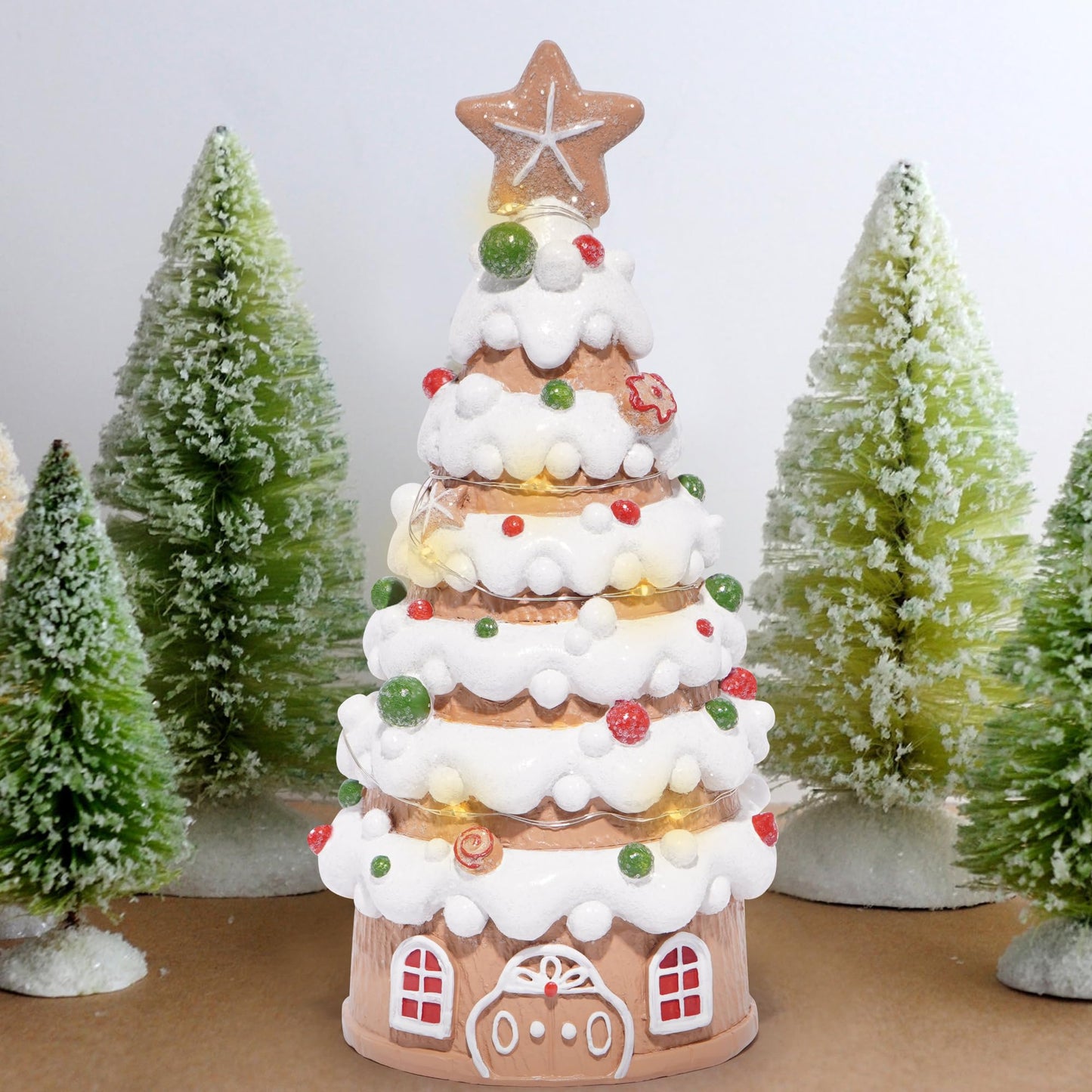 Hodao Christmas Village House Decorations Gingerbread House with Xmas Tree Theme, Battery-Powered (2 AAA) 8.6" H Resin Christmas Tree Decor for Indoor Festive Home or Party (Tree-1)