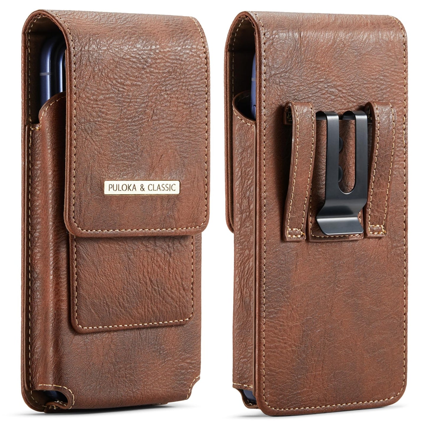 Phone Holster with Belt Clip for iPhone 17/16/15/14/13/12 Pro Max & Plus, Galaxy S26/S25/S24/S23 Ultra & Plus, Premium Leather Pouch with Card Holder, Magnetic Closure, Rugged Outdoor Case - L Brown