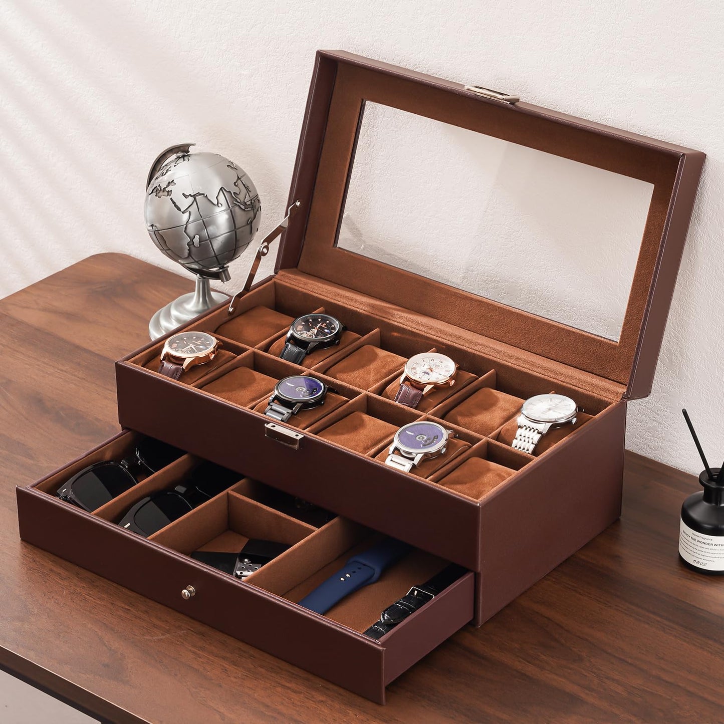ProCase Watch Box, Fathers Day Gift for Dad, 12 Slot Mens Watch Case With Drawer, 2-Layer Watch Display Case With Glass Lid, Mens Jewelry Box Storage Holder Organizer -12Slot, Espresso