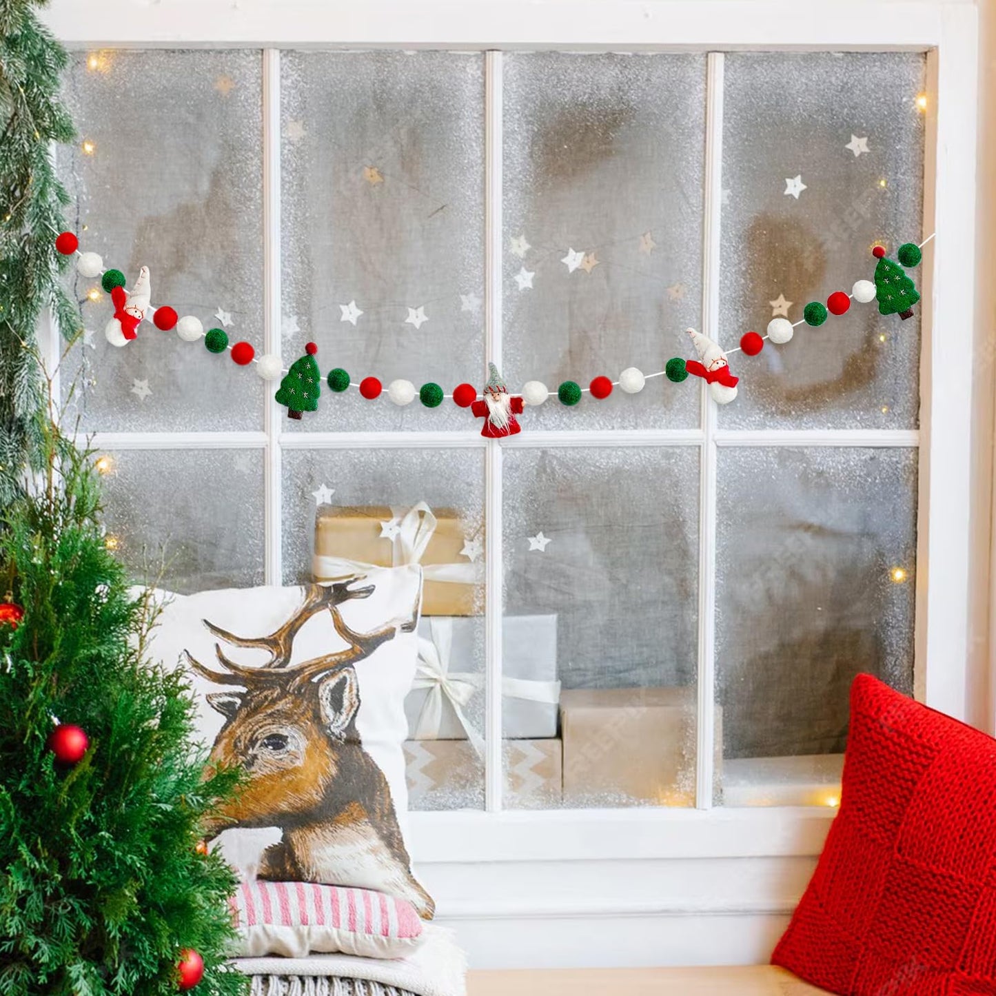 Christmas Felt Ball Garland Wool Felt Snowman Xmas Tree Santa Claus Banner Pom Pom Garland Bunting Holiday Party Decorations Clearance for Home Fireplace Windows Indoor Outdoor Christmas Decor- 6.56Ft