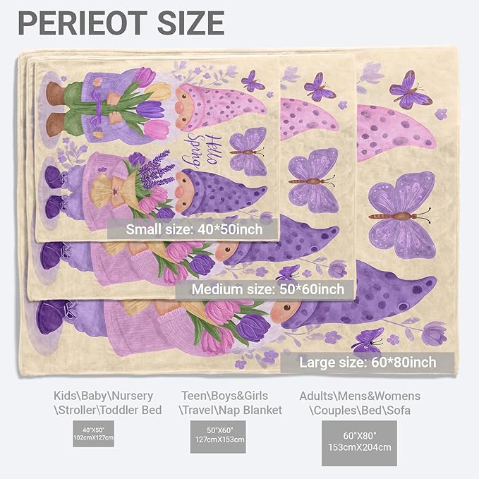 Gnome Lightweight Throw Blanket, Purple Lavender Flower and Butterfly, Warm Soft Cozy Flannel Blankets, Couch Dorm Home Decor All Season Use, 80x60in, Beige, Gifts for Women and Spring Lovers
