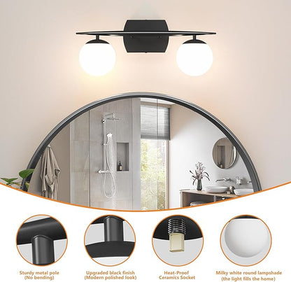 Black Vanity Lights for Bathroom, 2-Light 20 Inch Bathroom Lighting Fixtures over Mirror with Milky White Frosted Glass Shades, Wall Sconces for Bathroom, Bedroom, Living Room(G9 Bulb not Included)
