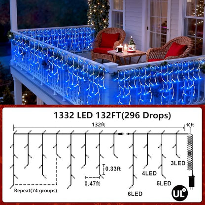 1332 LED 132ft Christmas String Lights Outdoor, 12 Modes Dimmable Curtain Lights with 296 Drops, Waterproof Fairy Lights with Timer for Bedroom Window Holiday Wedding Home Xmas Decorations, Blue