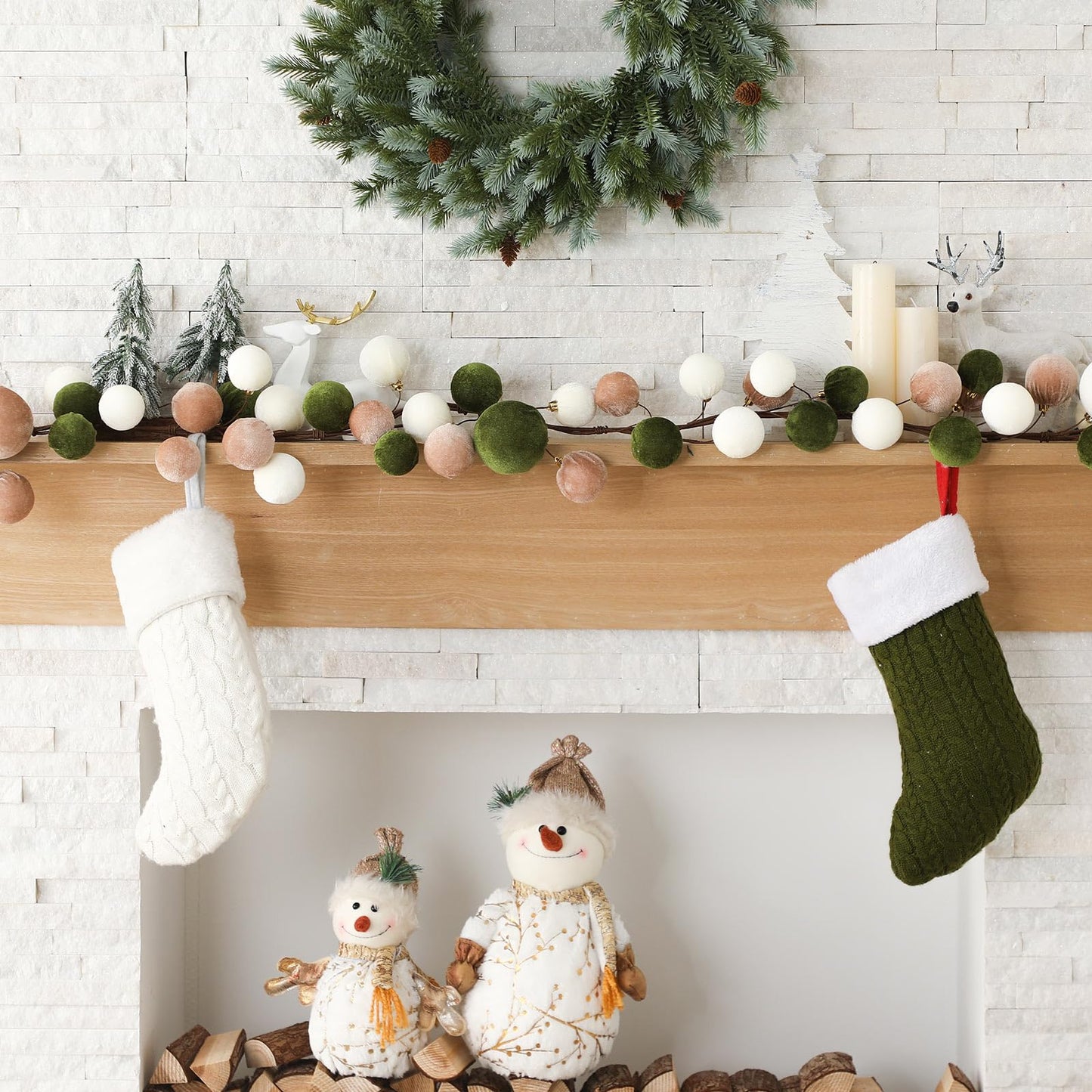 Simgoing 6 ft Christmas Ball Ornament Garland Christmas Bauble Hanging Ornament Neutral Velvet Bulb Ball Garland for Xmas Tree Table Mantel Staircase Indoor Outdoor Decor(White, Brown, Green)