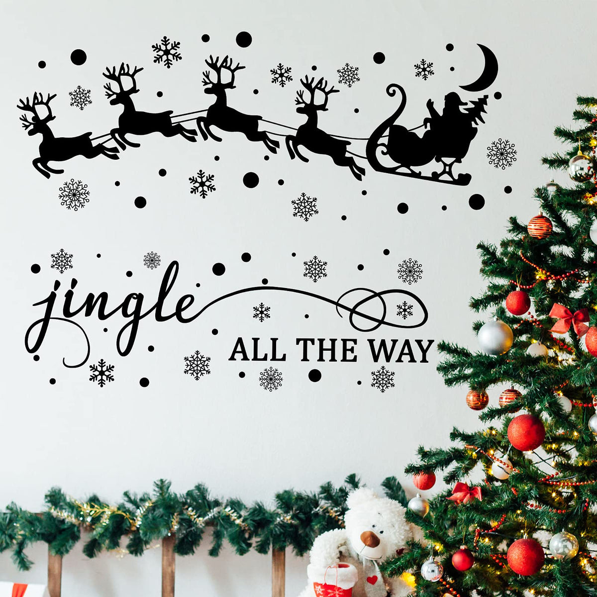 Chinco 4 Sheets Christmas Wall Decal Decor Santa Reindeer Snowflake Window Clings Vinyl Wall Art Decal Removable for Christmas Party Supplies Home Window Decor