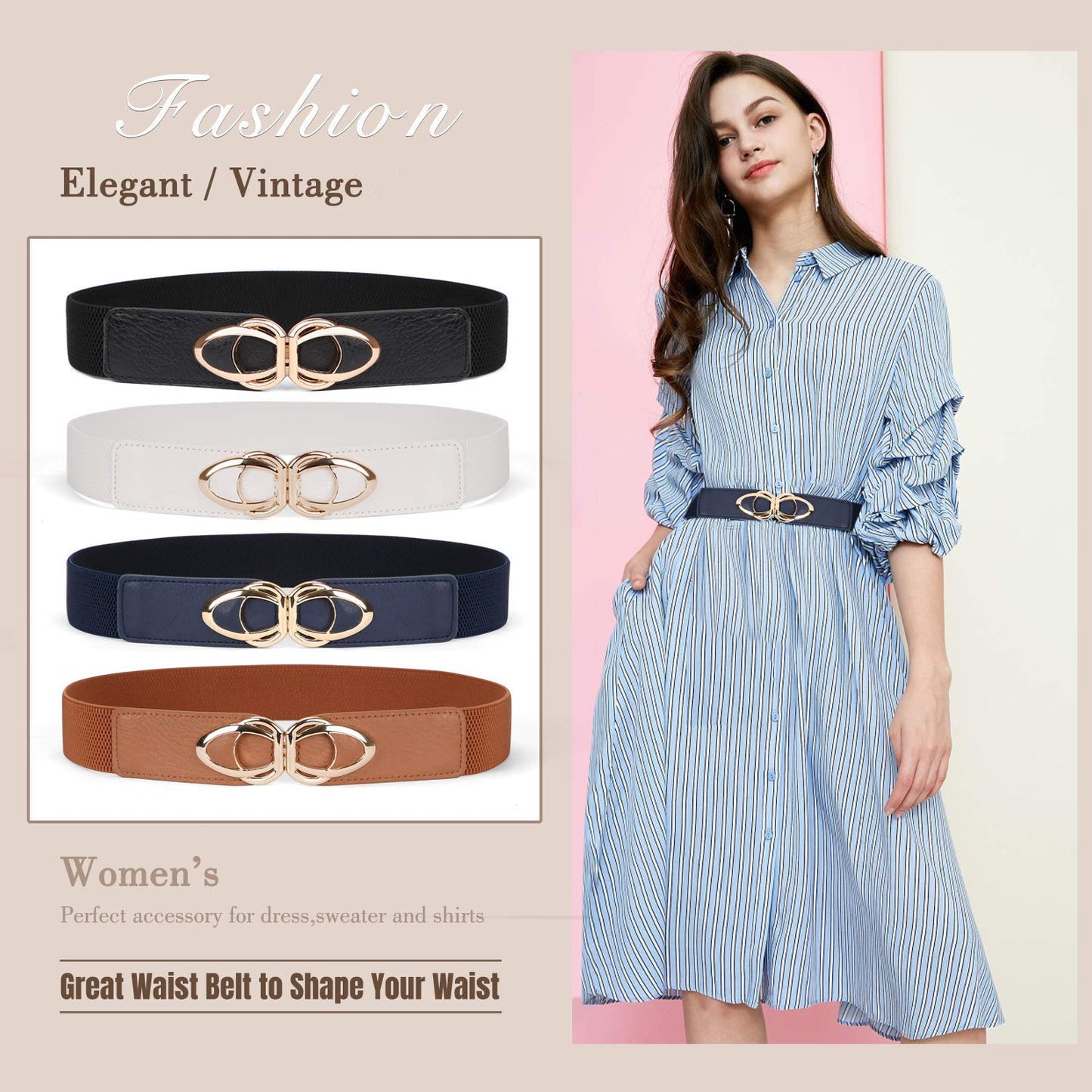 WERFORU Women Elastic Belts,Skinny Stretch Vintage Fashion Waistband for Dress with Gold Buckle 4 Pack 1.5" Width
