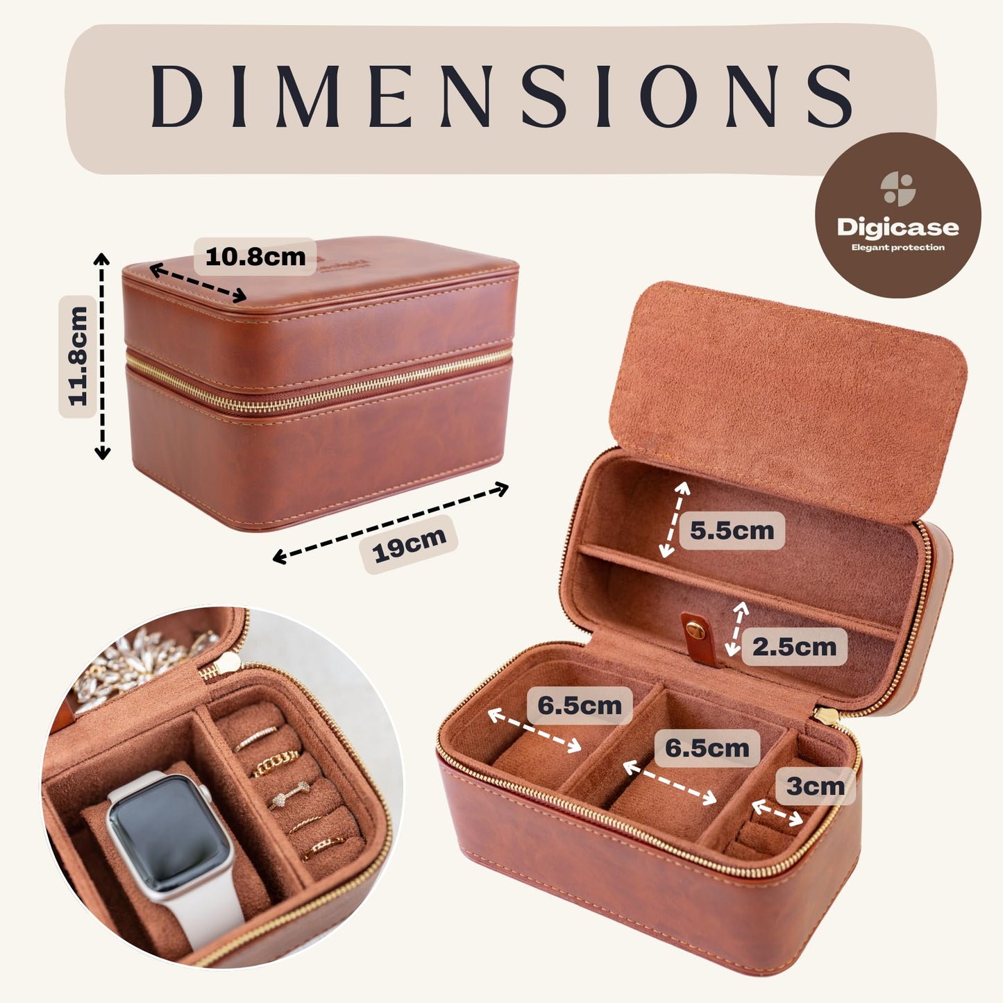 DIGICASE Watch and Jewelry Travel Case for Men & Women, Luxury PU Leather Organizer for 2 Watches, Rings, Earrings & Sunglasses - Black - Zippered Compact Travel Storage Jewelry Holder Gift (BROWN)