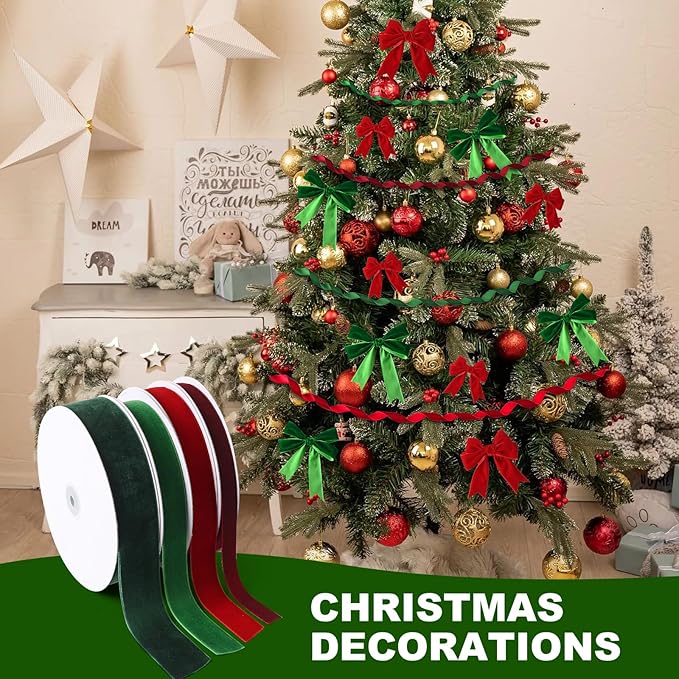 Green Velvet Ribbon 3/8" x 20Yd,Great for Gift Wrapping,Hair Bows Making, Wreaths,Wedding and Christmas Party Decoration(Green 3/8")