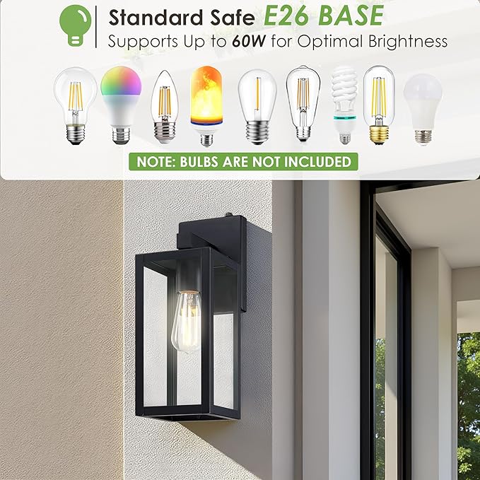 GRUENLICH Dusk to Dawn Large Outdoor Wall Lantern, Wall Sconce as Porch Lighting Fixture, E26 Base Max 60W, Metal Housing with Glass Shade (Black, 2-Pack)