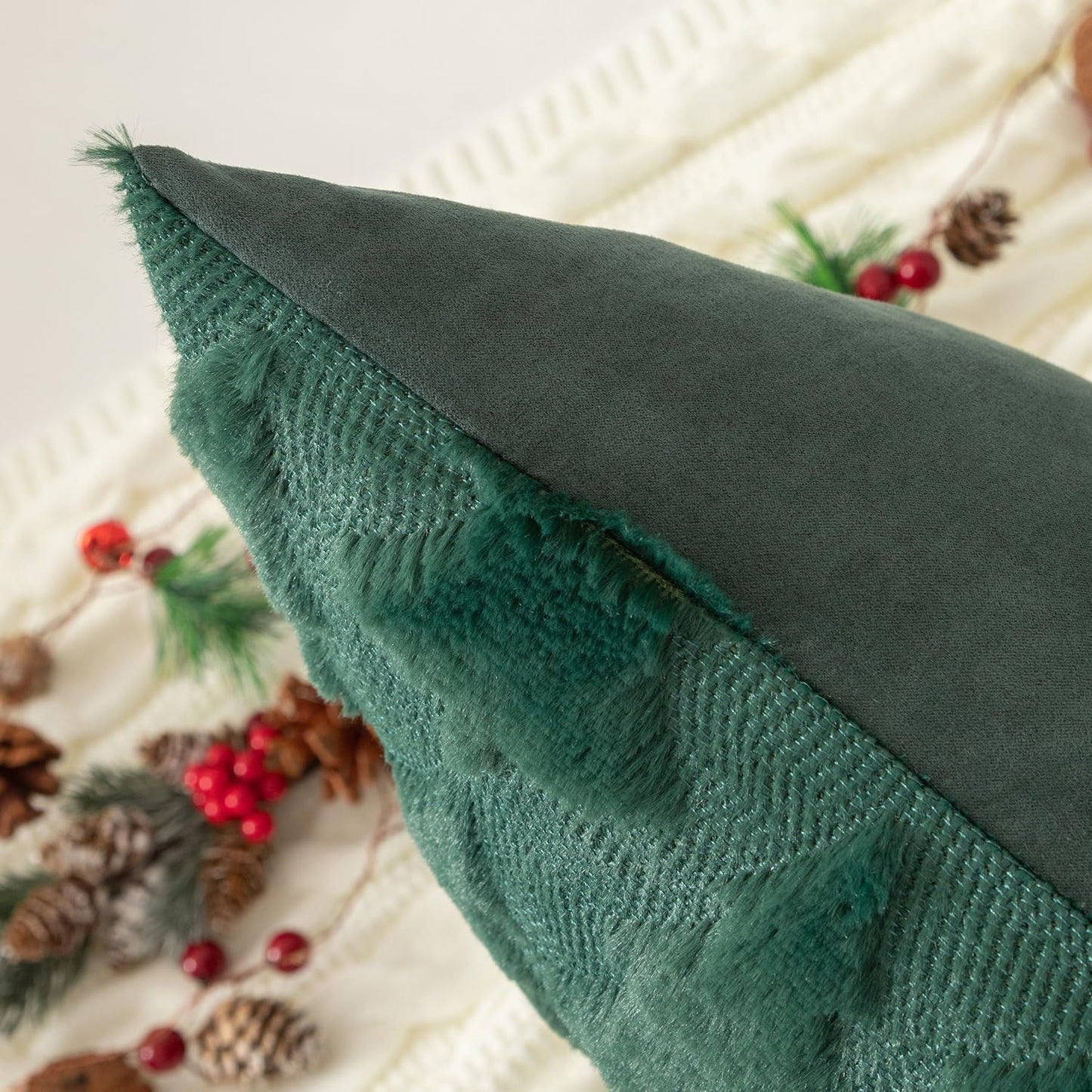 TBAVNOSY Christmas Tree Pillow Covers Set of 2 18x18 inches, 3D Xmas Tree Shaped Faux Fur Throw Pillow Covers for Couch, Sofa, Living Room Winter Holiday Decor, Farmhouse (Dark Green)