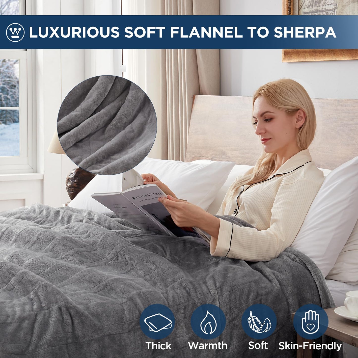 Westinghouse Electric Blanket Heated Throw, Super Cozy Soft Flannel 50"" x 60"" Heated Throw with 6 Fast Heating Levels & 2-10 Auto-Off, Machine Washable, ETL&FCC Certification, Navy Blue