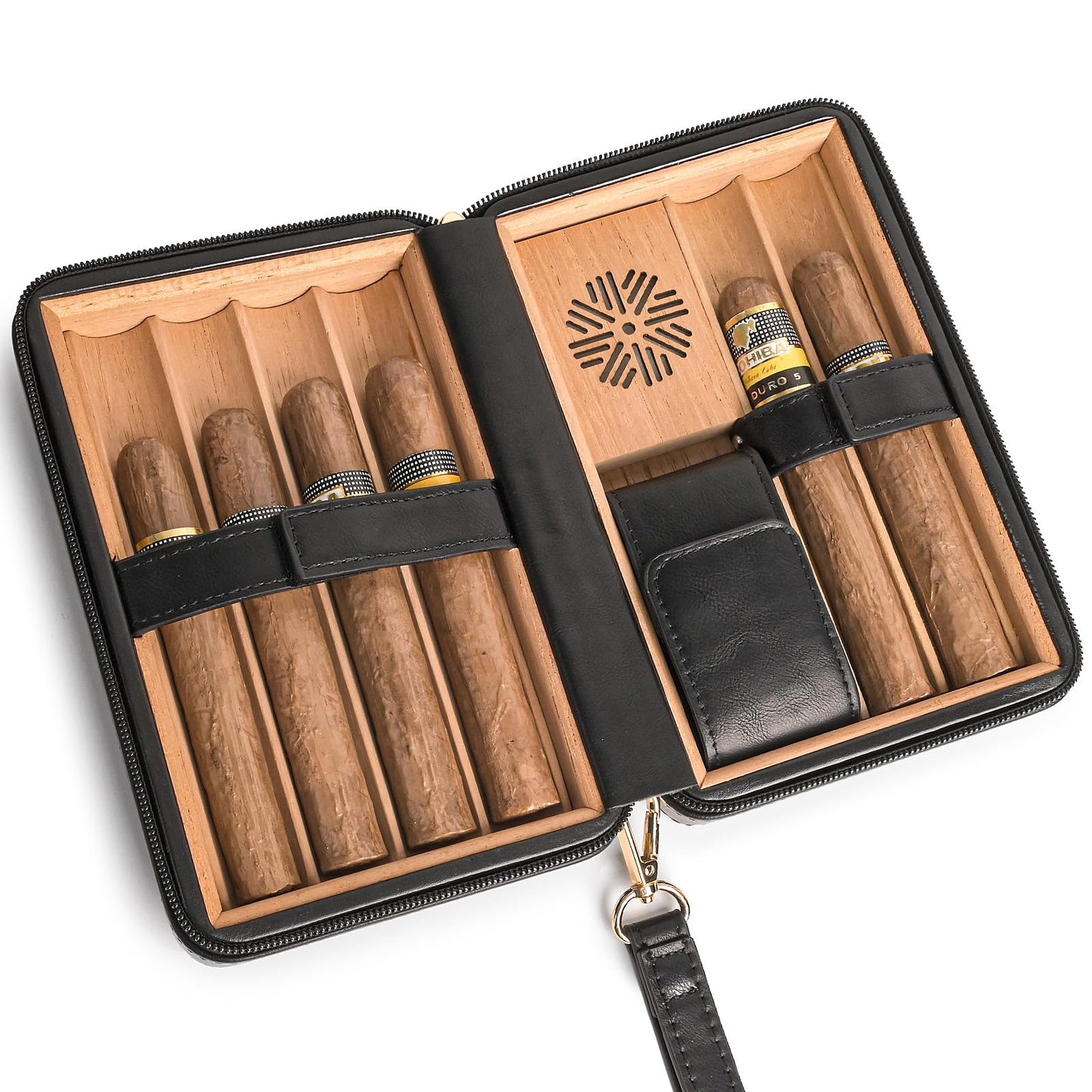Portable Cigar Humidor Travel Case, Leather & Wood Cigar Box with Humidifier for 6 Cigars, Ideal for Travel and Desktop Storage, Compact and Durable Design