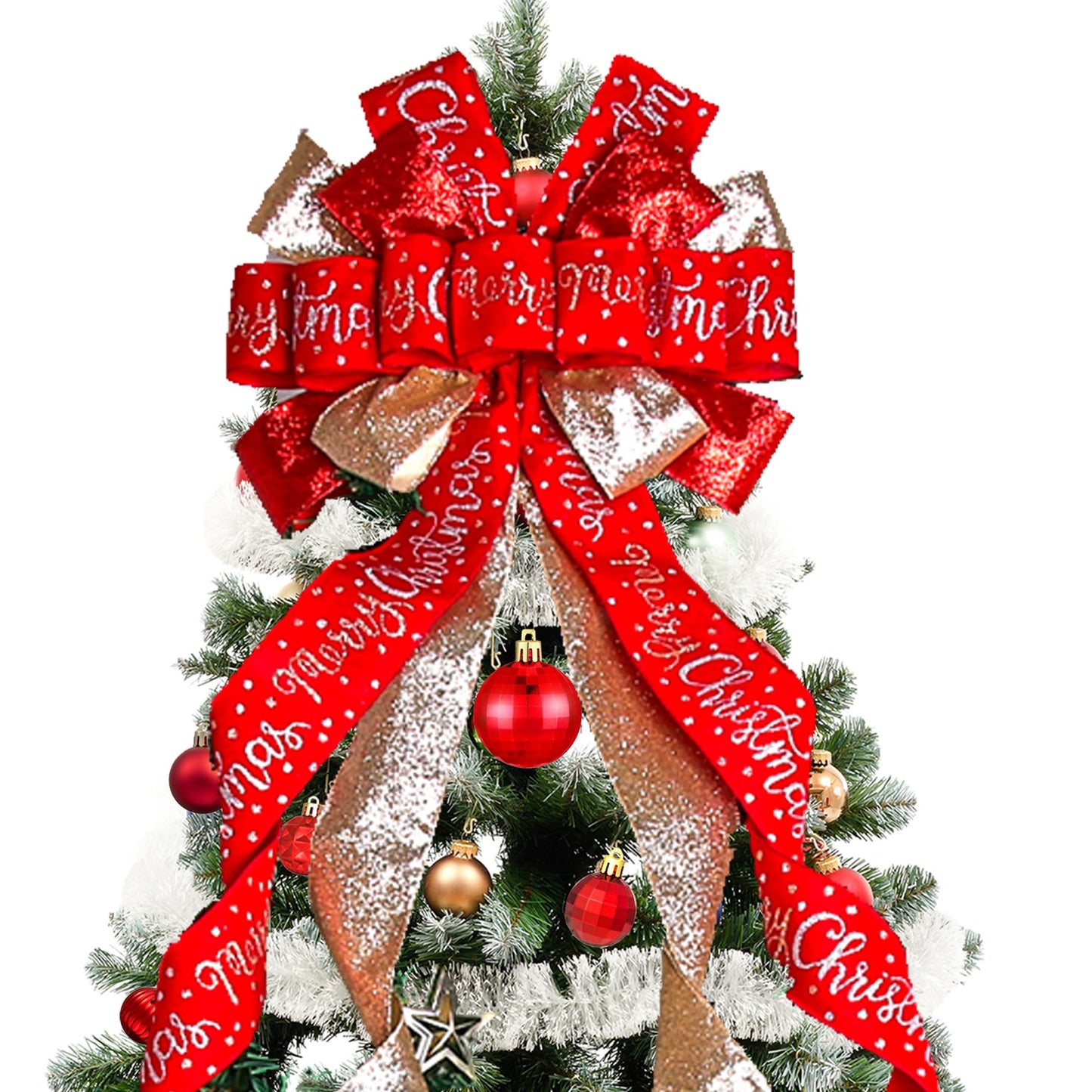 Christmas Tree Topper Bow Christmas Wreath Bow 52x13 Inches Large Burlap with White Red Polyester Edge Gift Bow for Xmas Tree Décor Christmas Home Indoor Outdoor Decoration