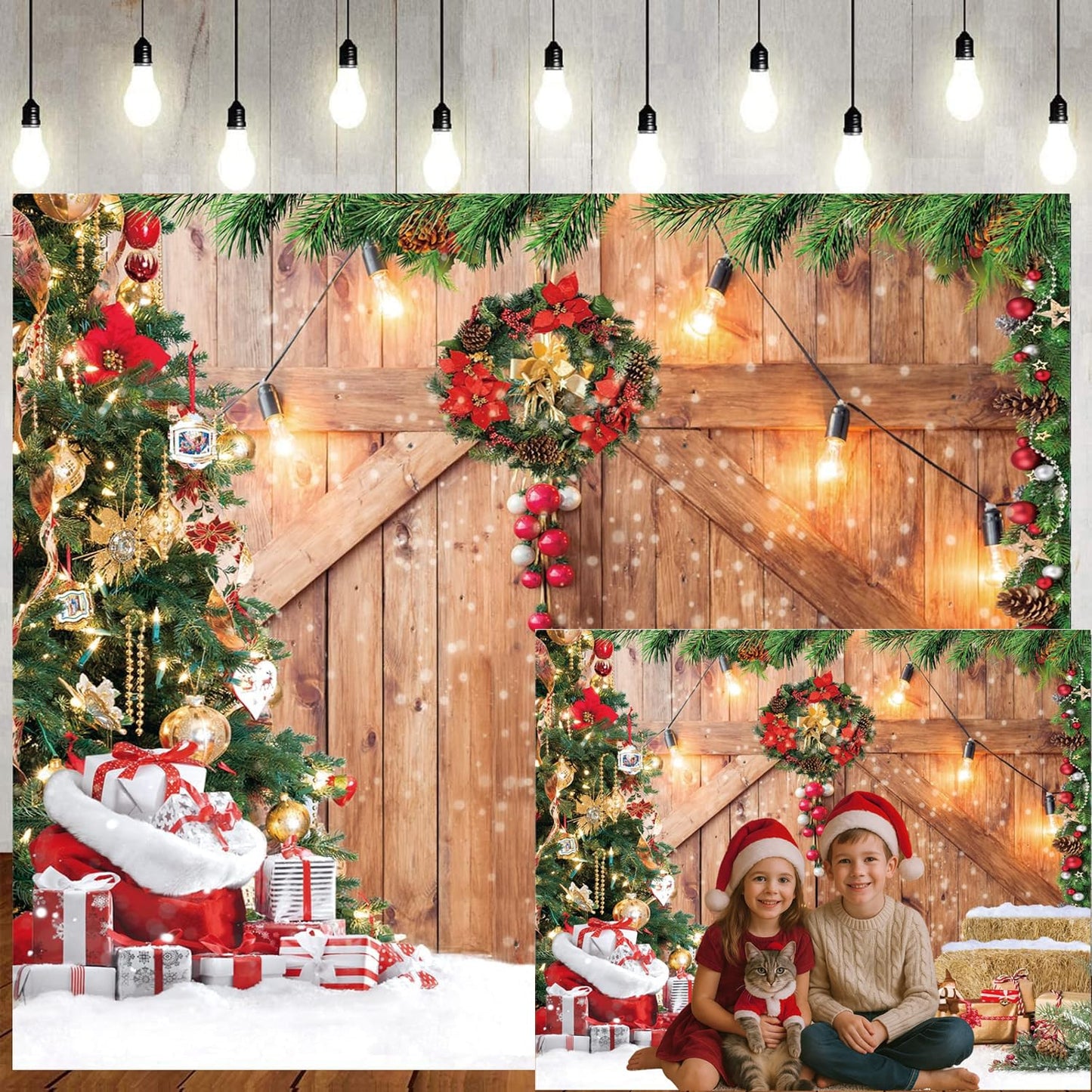 LTLYH 8x6ft Christmas Barn Backdrop Xmas Tree Snow Gift Wall Floor Party Photo Background Winter Holiday Family Supplies Banner Decoration Studio Props 164