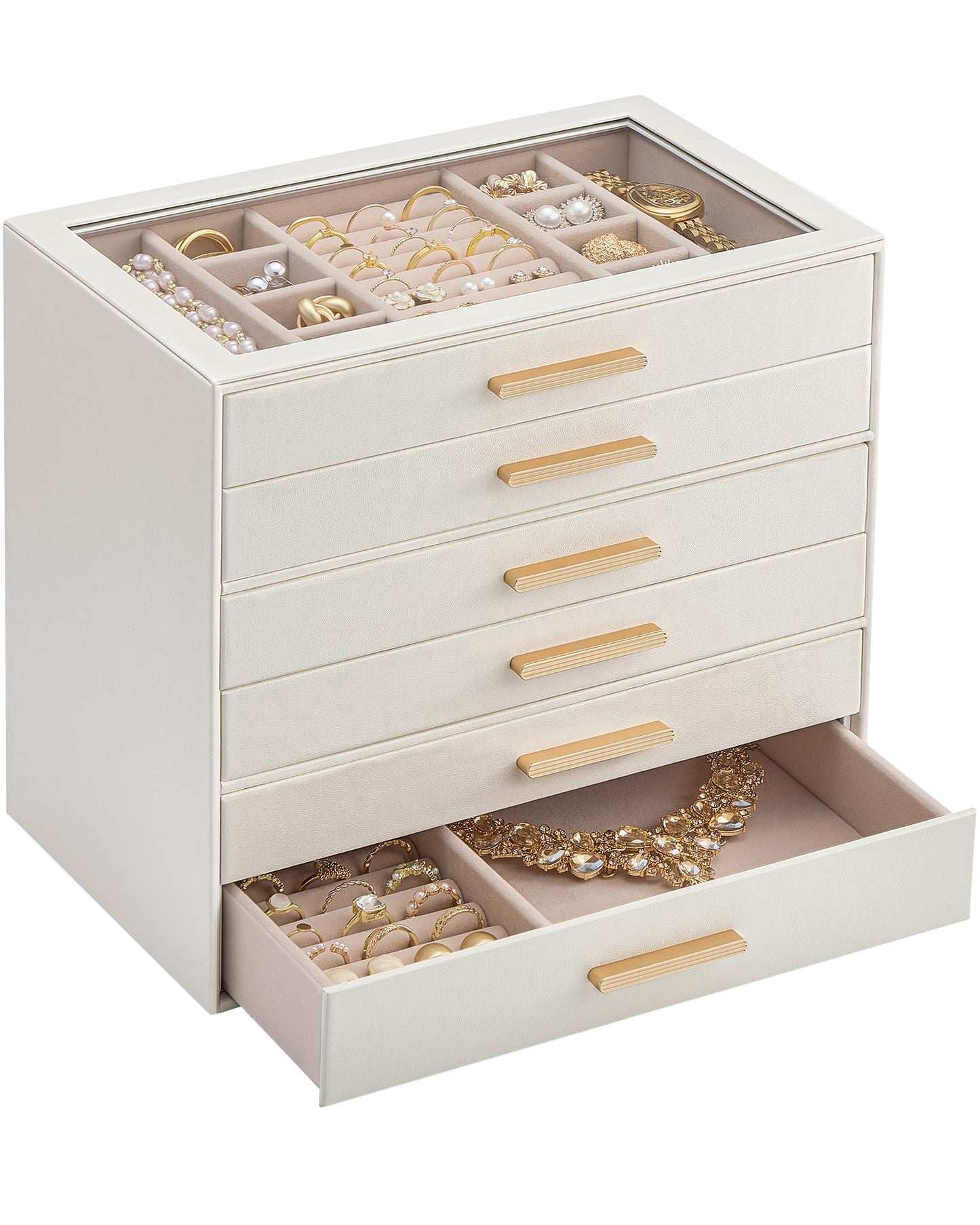 Lolalet Jewelry Box Organizer, 6-Layer Jewelry Organizers and Storage Case with Glass Lid, Ring Earring Bracelet Necklace Holder Organizer, Birthday Valentine Gifts for Women Girls -6Layer, Beige