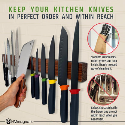 Premium 24 Inch (Large Size) Dark Walnut Wood Magnetic Knife Holder – Professional Wooden Magnetic Knife Strip - Space-Saving Knife Rack/Knife Bar With Powerful Magnetic Pull Force (Upgraded Version)