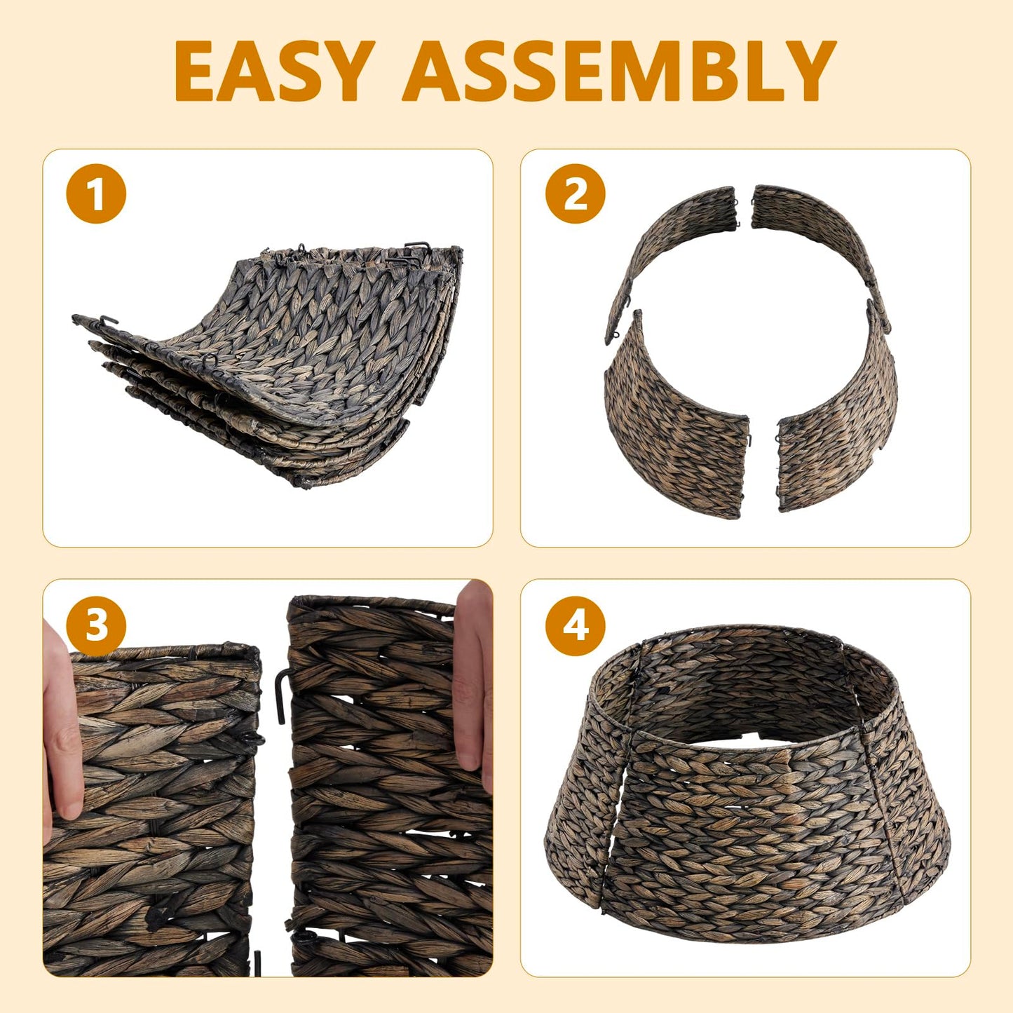 Sweetcrispy 24inch Christmas Tree Collar for 4.5-6ft Trees, Woven Hyacinth Rattan 4-Panel Collar w/Cord Access Hole & Easy Lock Design, Handwoven, Black