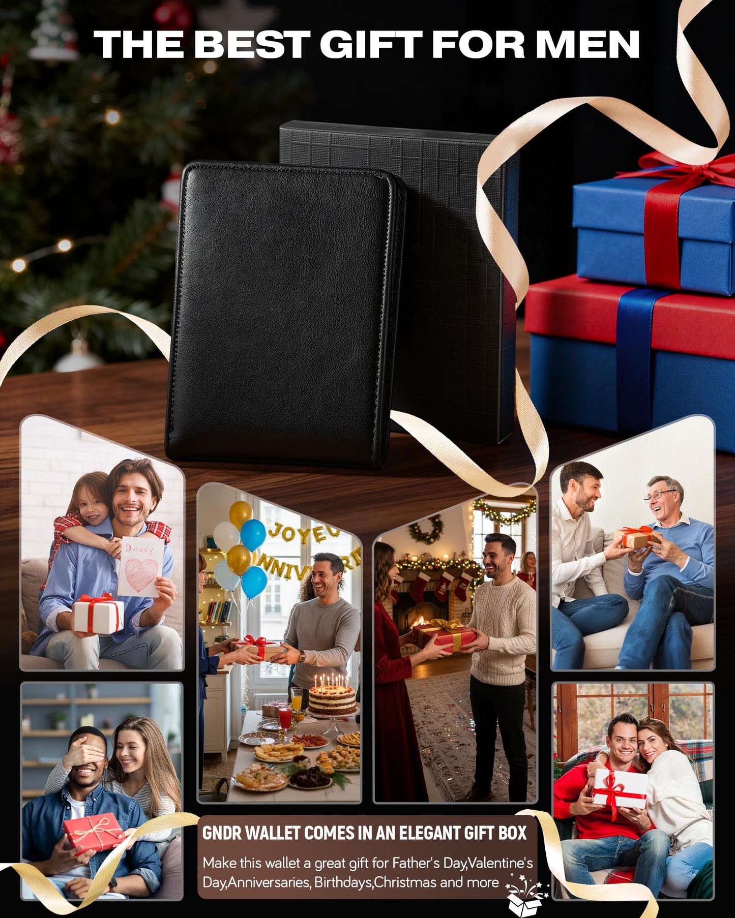 GNDR Wallet For Men Bifold Black RFID Blocking Slim Faux Leather Wallets Card Holder Front Pocket Minimalist Men Accessories With Gift Box