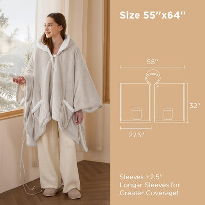 Bedsure Heated Blanket Wearable Shawl - Electric Wrap Poncho Blanket Hoodie for Adult, Birthday Gifts for Mom Women, Sherpa Heating Throw with 4 Time Settings & 6 Heat Settings, 55x64 inches, Grey
