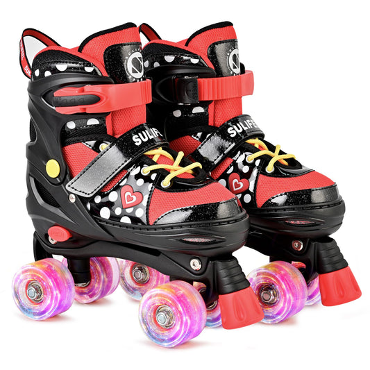 SULIFEEL Adjustable Roller Skates for Girls Ages 5-8 6-12 with Polka Dots & Bow, Light Up Wheels, 4 Sizes Adjustable for Beginner Kids Skates Indoor Outdoor Sports