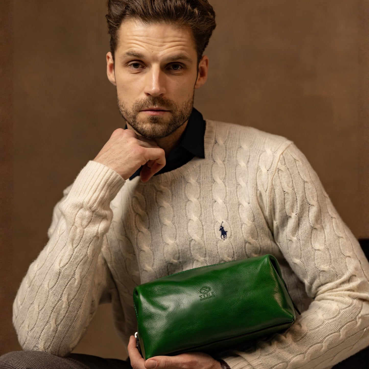 Time Resistance Leather Toiletry Bag - Italian Cosmetic Case Dopp Kit (Green)